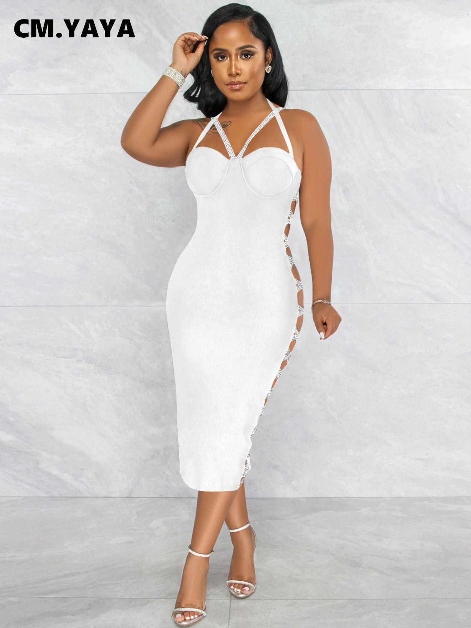 CM.YAYA Women Summer 2022 New Sexy Party Evening Sleeveless Backless Halter Neck Bodycon Midi Dress Lace Up Bandage Dresses