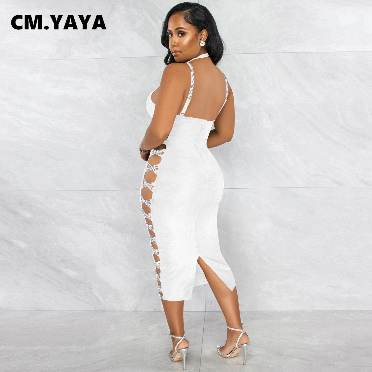 CM.YAYA Women Summer 2022 New Sexy Party Evening Sleeveless Backless Halter Neck Bodycon Midi Dress Lace Up Bandage Dresses
