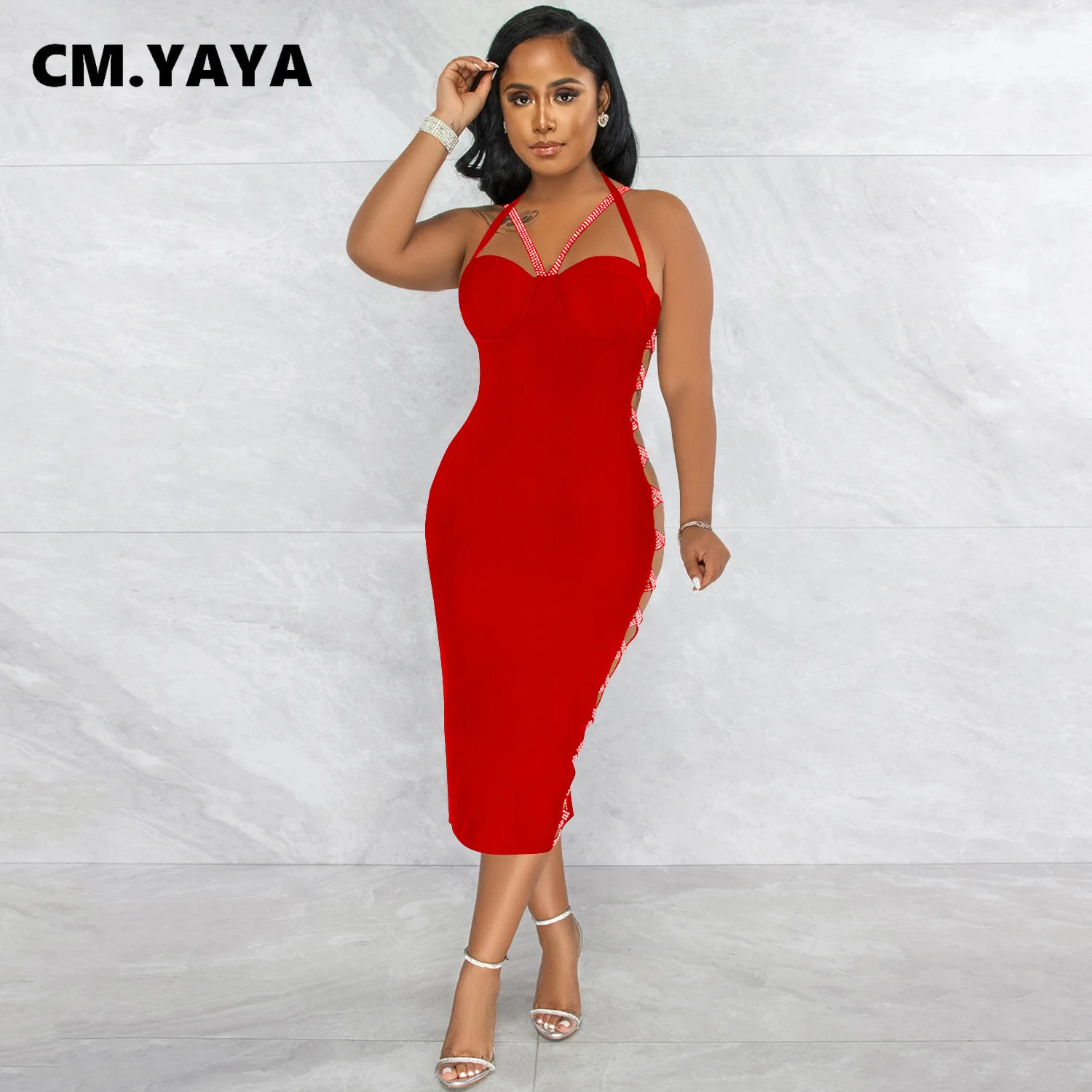 CM.YAYA Women Summer 2022 New Sexy Party Evening Sleeveless Backless Halter Neck Bodycon Midi Dress Lace Up Bandage Dresses