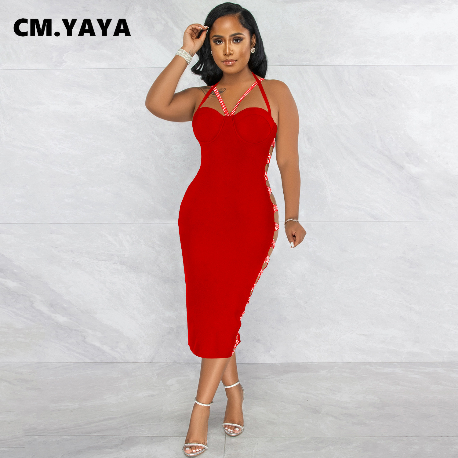 CM.YAYA Women Summer 2022 New Sexy Party Evening Sleeveless Backless Halter Neck Bodycon Midi Dress Lace Up Bandage Dresses