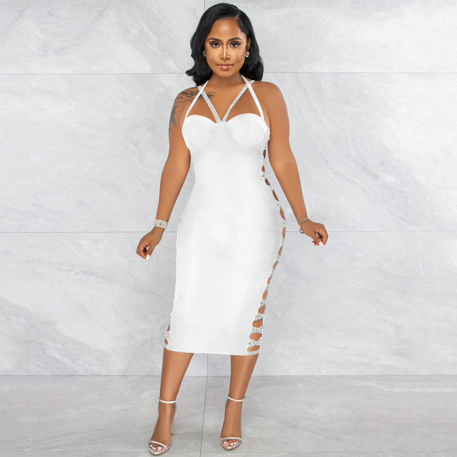 CM.YAYA Women Summer 2022 New Sexy Party Evening Sleeveless Backless Halter Neck Bodycon Midi Dress Lace Up Bandage Dresses