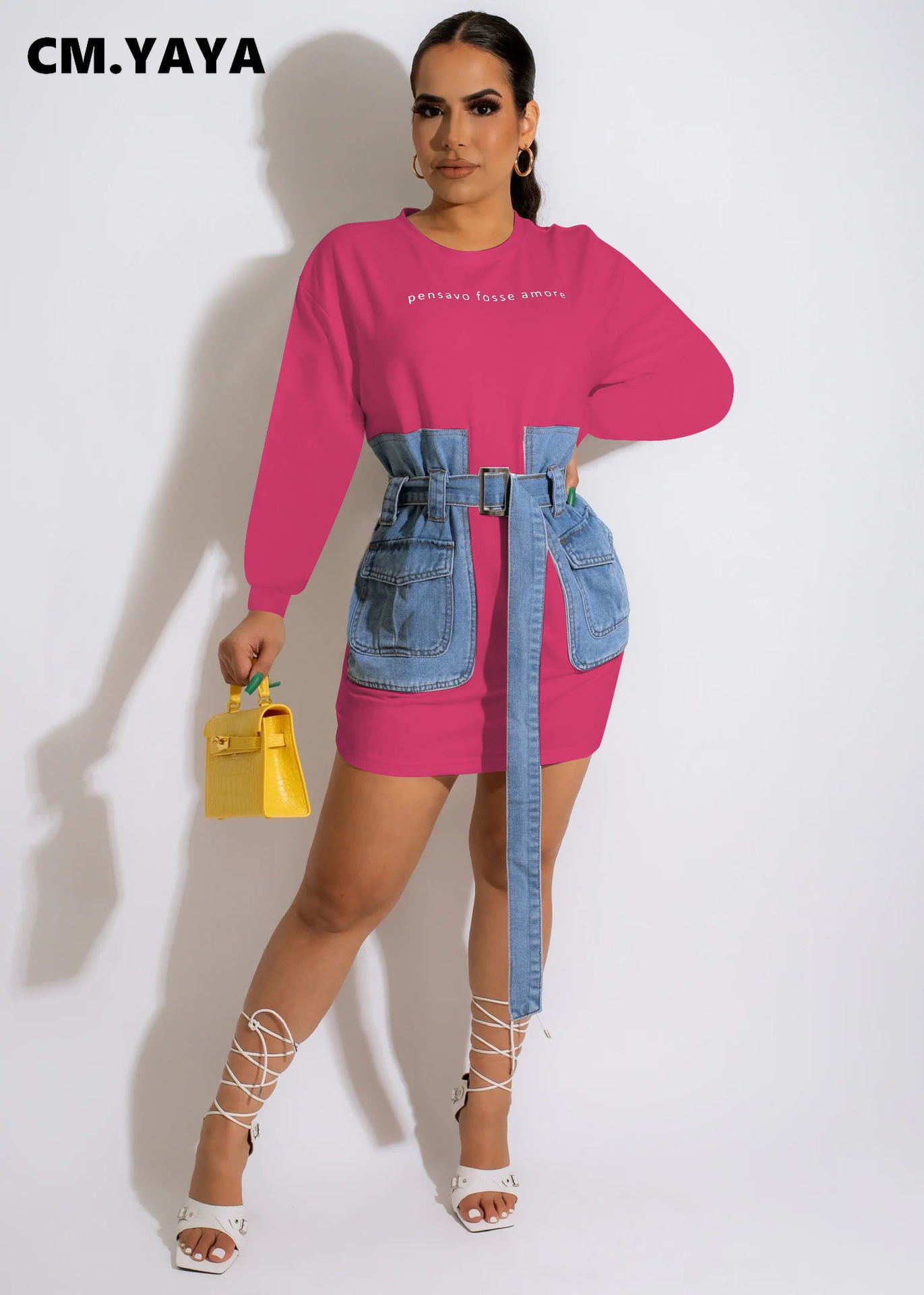 CMYAYA Women Long Sleeve Denim Patchwork Pencil Jeans Dress 2022 Fall Street Casual T-shirt Style Mini Dresses