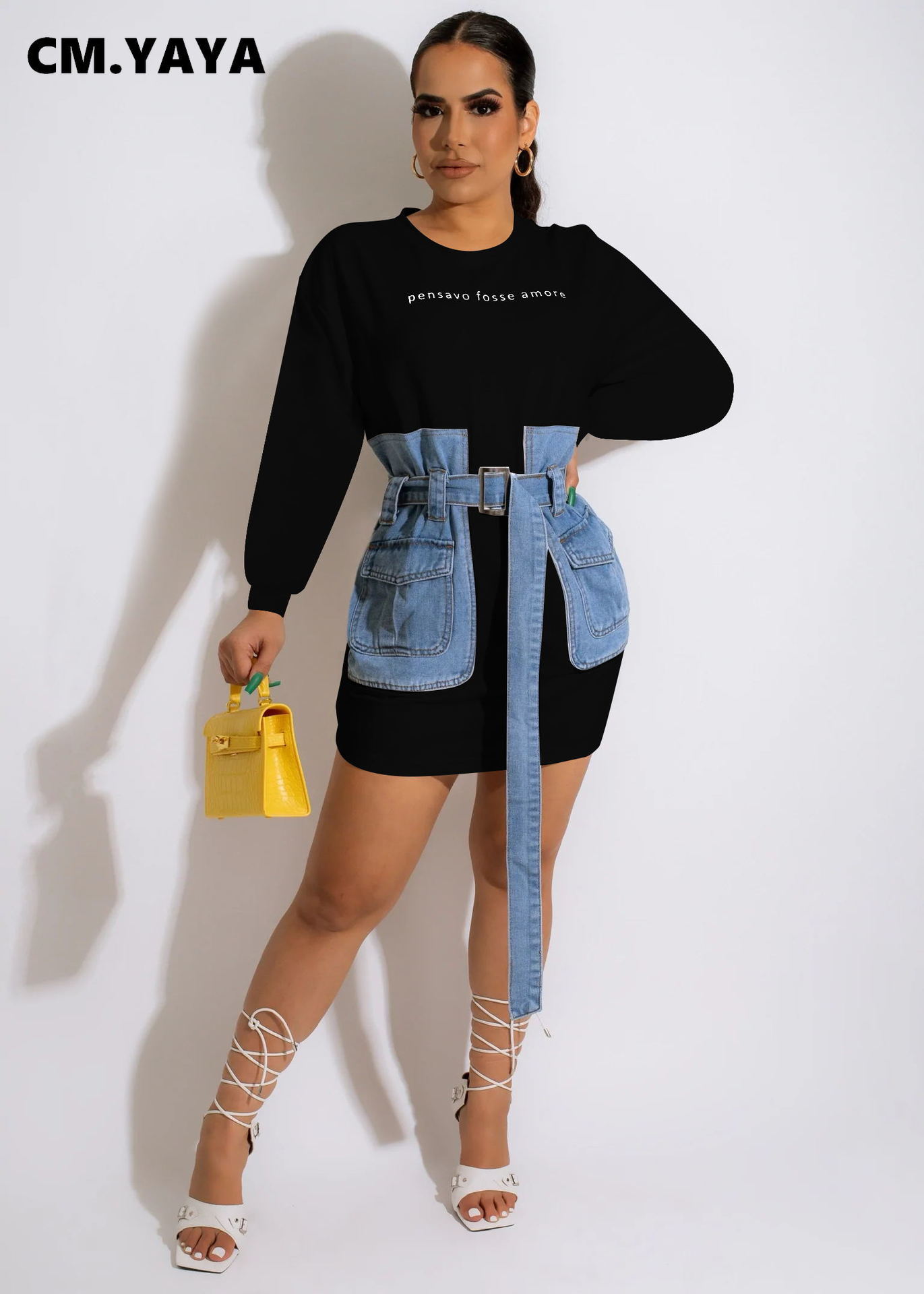 CMYAYA Women Long Sleeve Denim Patchwork Pencil Jeans Dress 2022 Fall Street Casual T-shirt Style Mini Dresses