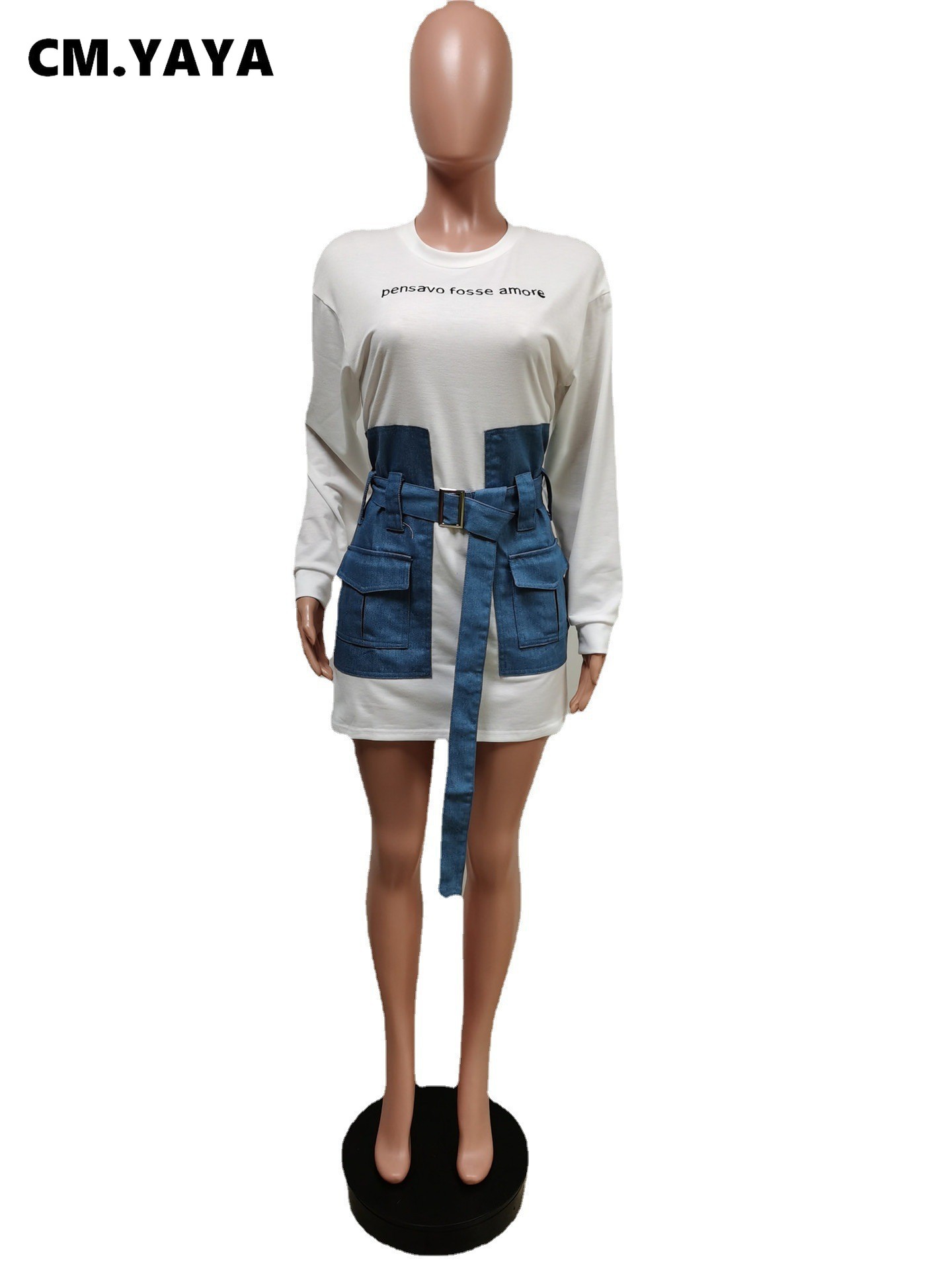 CMYAYA Women Long Sleeve Denim Patchwork Pencil Jeans Dress 2022 Fall Street Casual T-shirt Style Mini Dresses