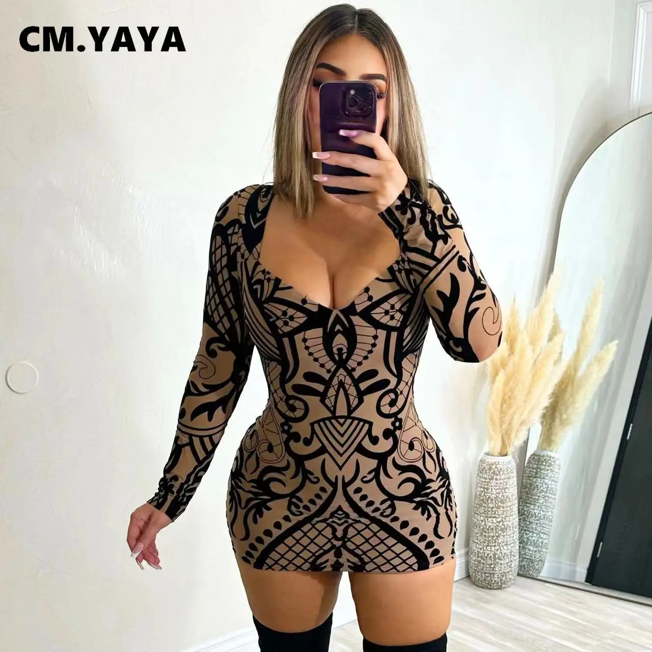 CM.YAYA Fashion Women Print V-neck Bodycon Mini Midi Dress 2024 Fall Birthday Sexy Long Seeve Night Club Party Evening Dresses CM.YAYA Fashion Women Print V-neck Bodycon Mini Midi Dress 2024 Fall Birthday Sexy Long Seeve Night Club Party Evening Dresses