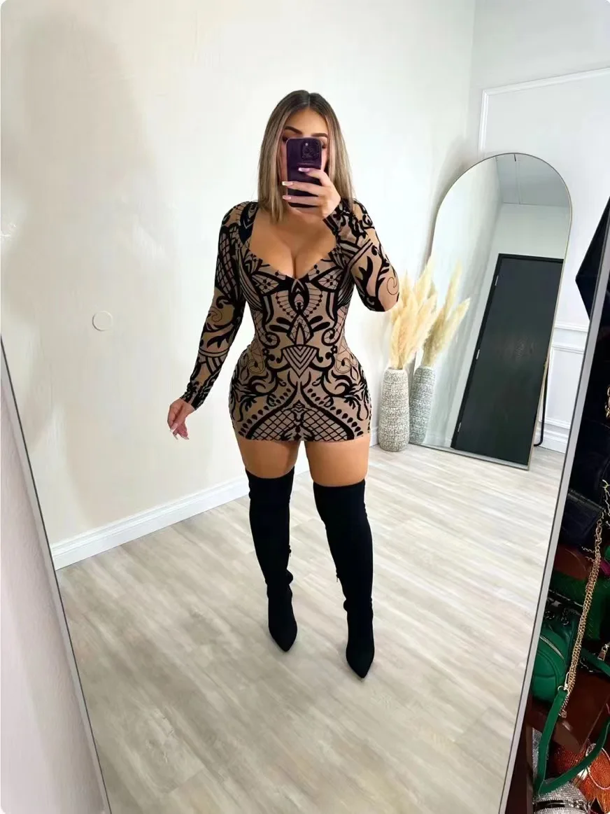 CM.YAYA Fashion Women Print V-neck Bodycon Mini Midi Dress 2024 Fall Birthday Sexy Long Seeve Night Club Party Evening Dresses