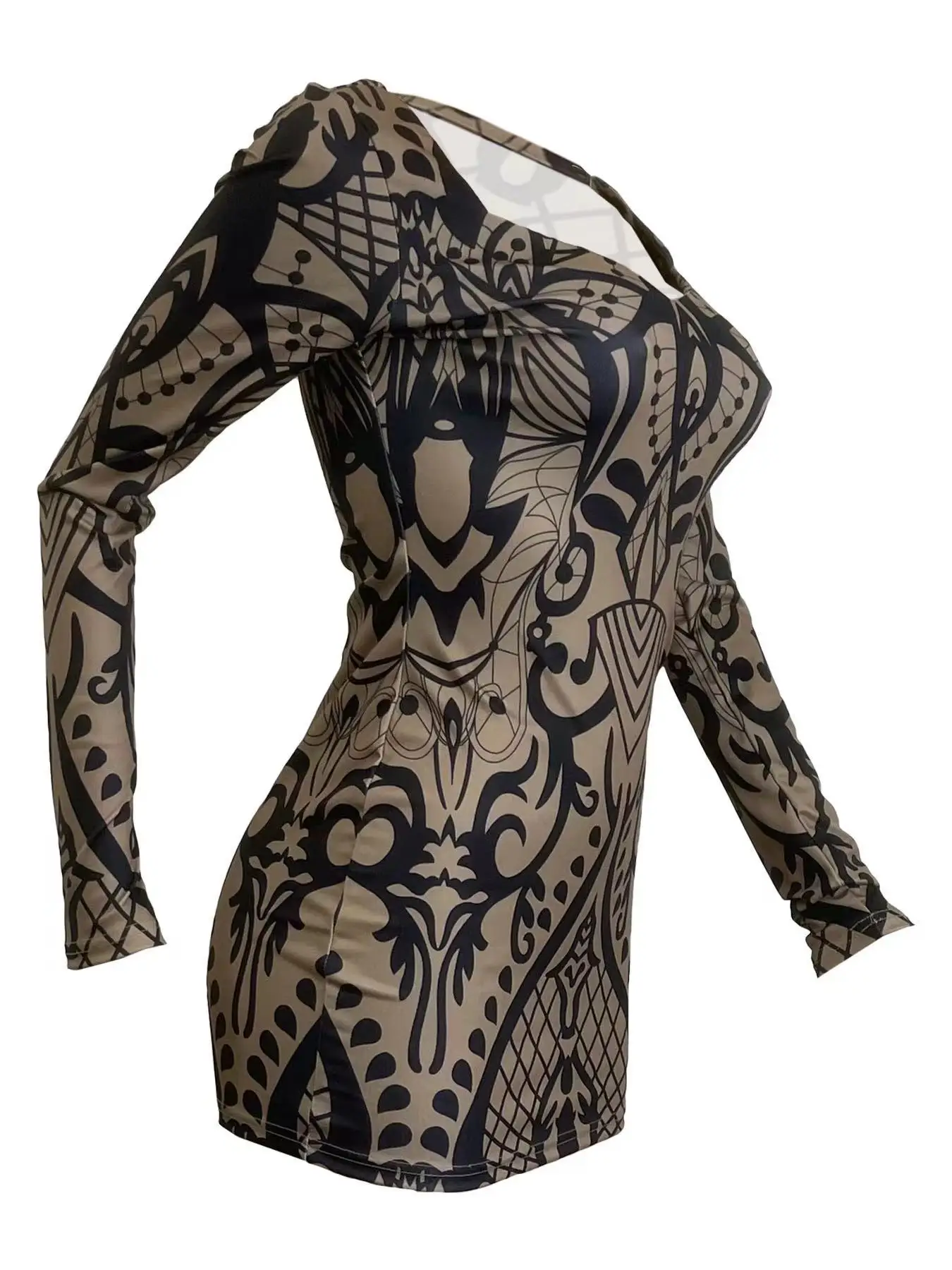 CM.YAYA Fashion Women Print V-neck Bodycon Mini Midi Dress 2024 Fall Birthday Sexy Long Seeve Night Club Party Evening Dresses