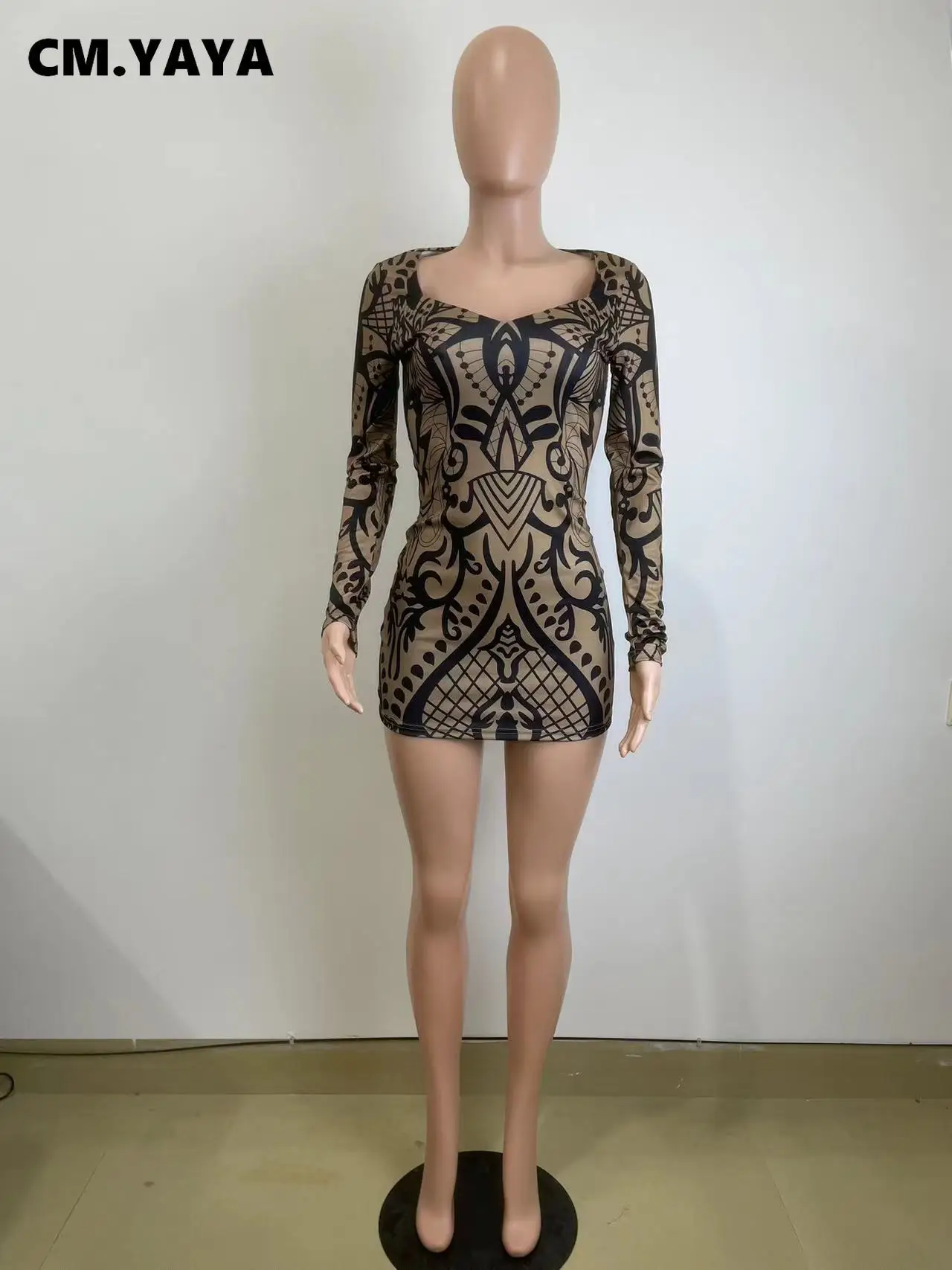 CM.YAYA Fashion Women Print V-neck Bodycon Mini Midi Dress 2024 Fall Birthday Sexy Long Seeve Night Club Party Evening Dresses CM.YAYA Fashion Women Print V-neck Bodycon Mini Midi Dress 2024 Fall Birthday Sexy Long Seeve Night Club Party Evening Dresses