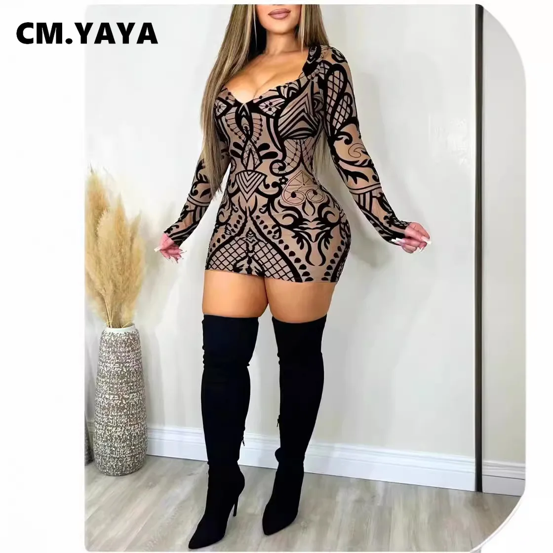 CM.YAYA Fashion Women Print V-neck Bodycon Mini Midi Dress 2024 Fall Birthday Sexy Long Seeve Night Club Party Evening Dresses CM.YAYA Fashion Women Print V-neck Bodycon Mini Midi Dress 2024 Fall Birthday Sexy Long Seeve Night Club Party Evening Dresses