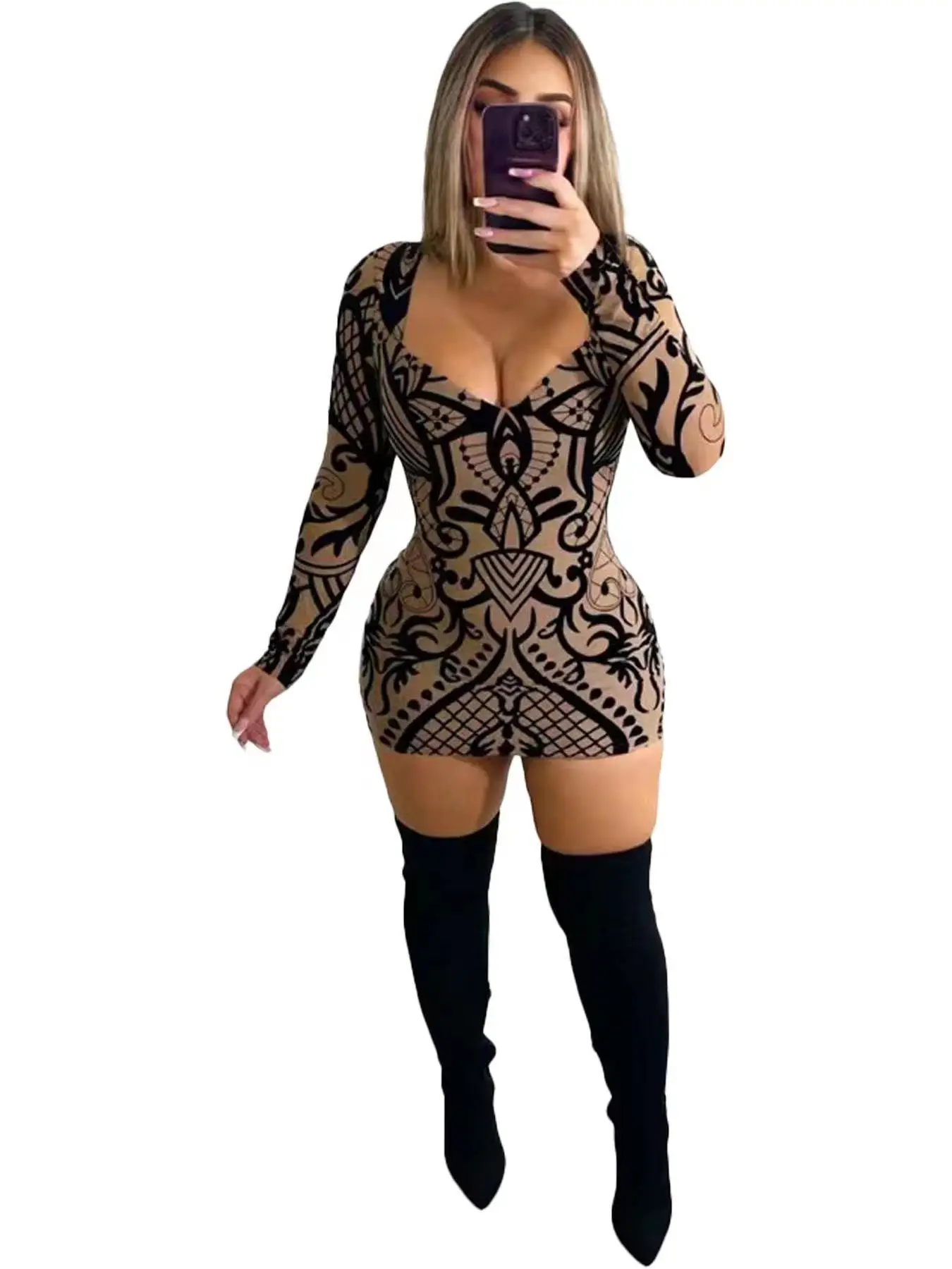 CM.YAYA Fashion Women Print V-neck Bodycon Mini Midi Dress 2024 Fall Birthday Sexy Long Seeve Night Club Party Evening Dresses