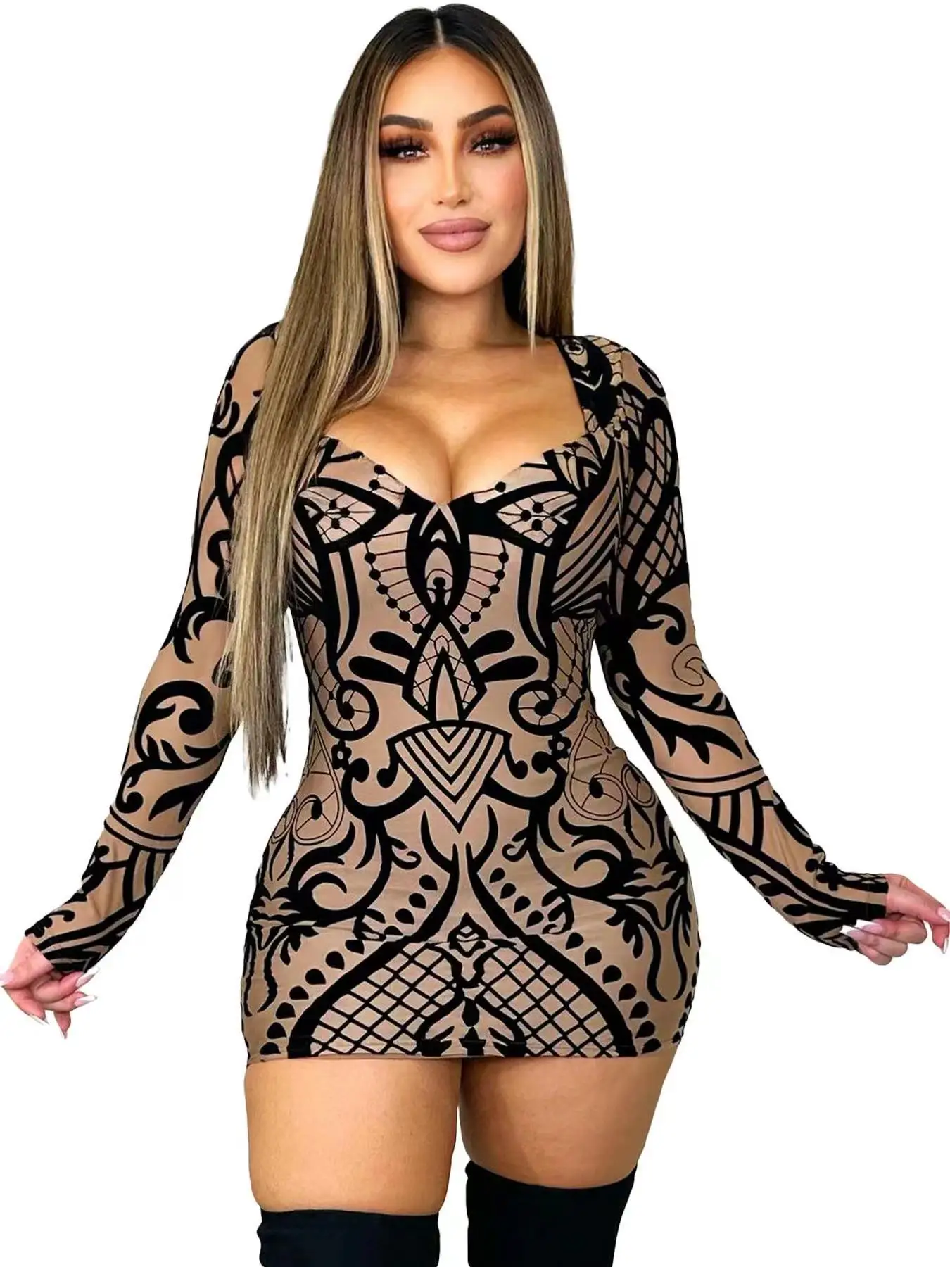 CM.YAYA Fashion Women Print V-neck Bodycon Mini Midi Dress 2024 Fall Birthday Sexy Long Seeve Night Club Party Evening Dresses