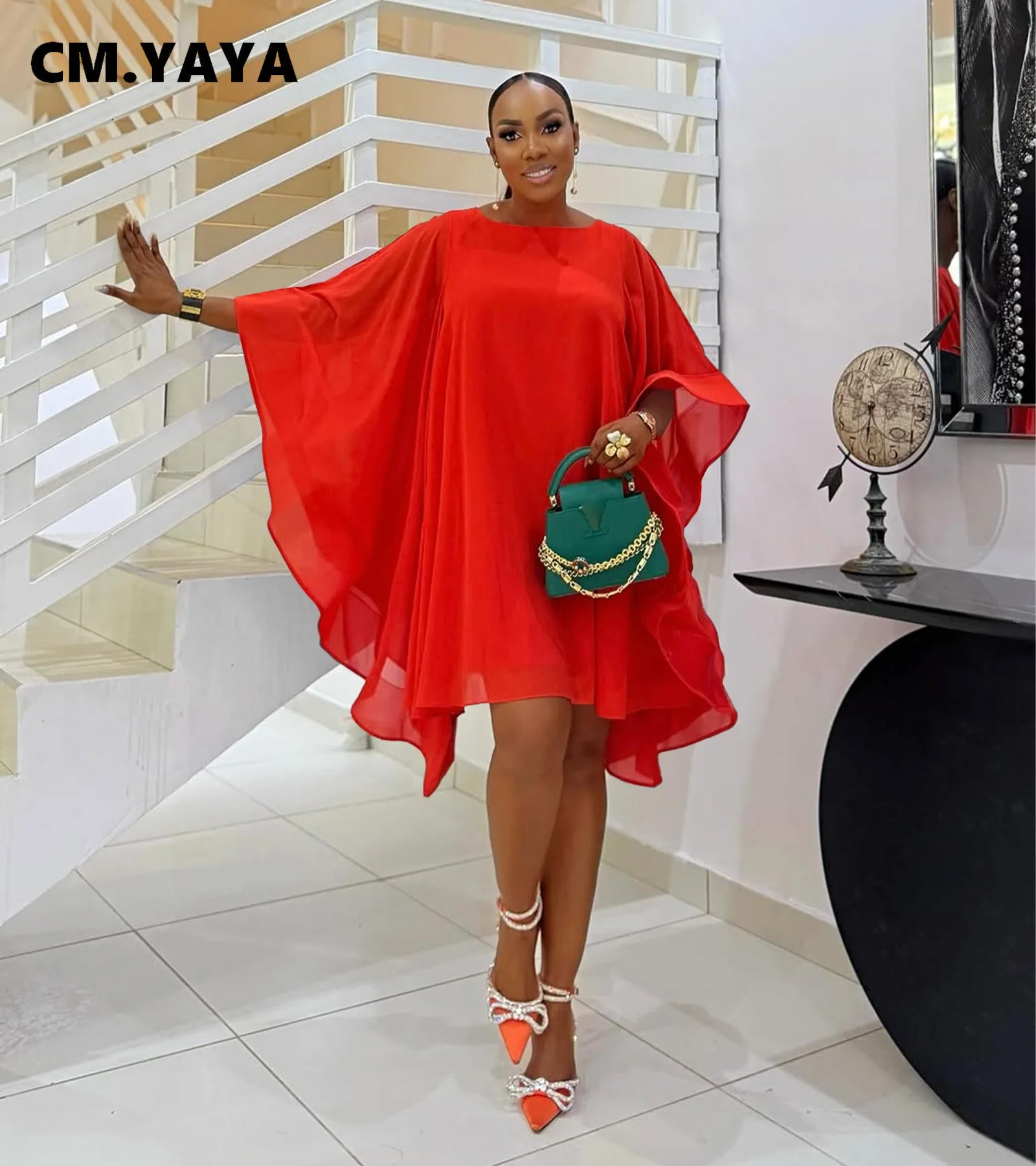 CM.YAYA Women Cloak Sleeve Slim Chiffon Dress 2025 Summer Fashion Chic Birthday Night Club Party Street Vestidos Sexy Dresses