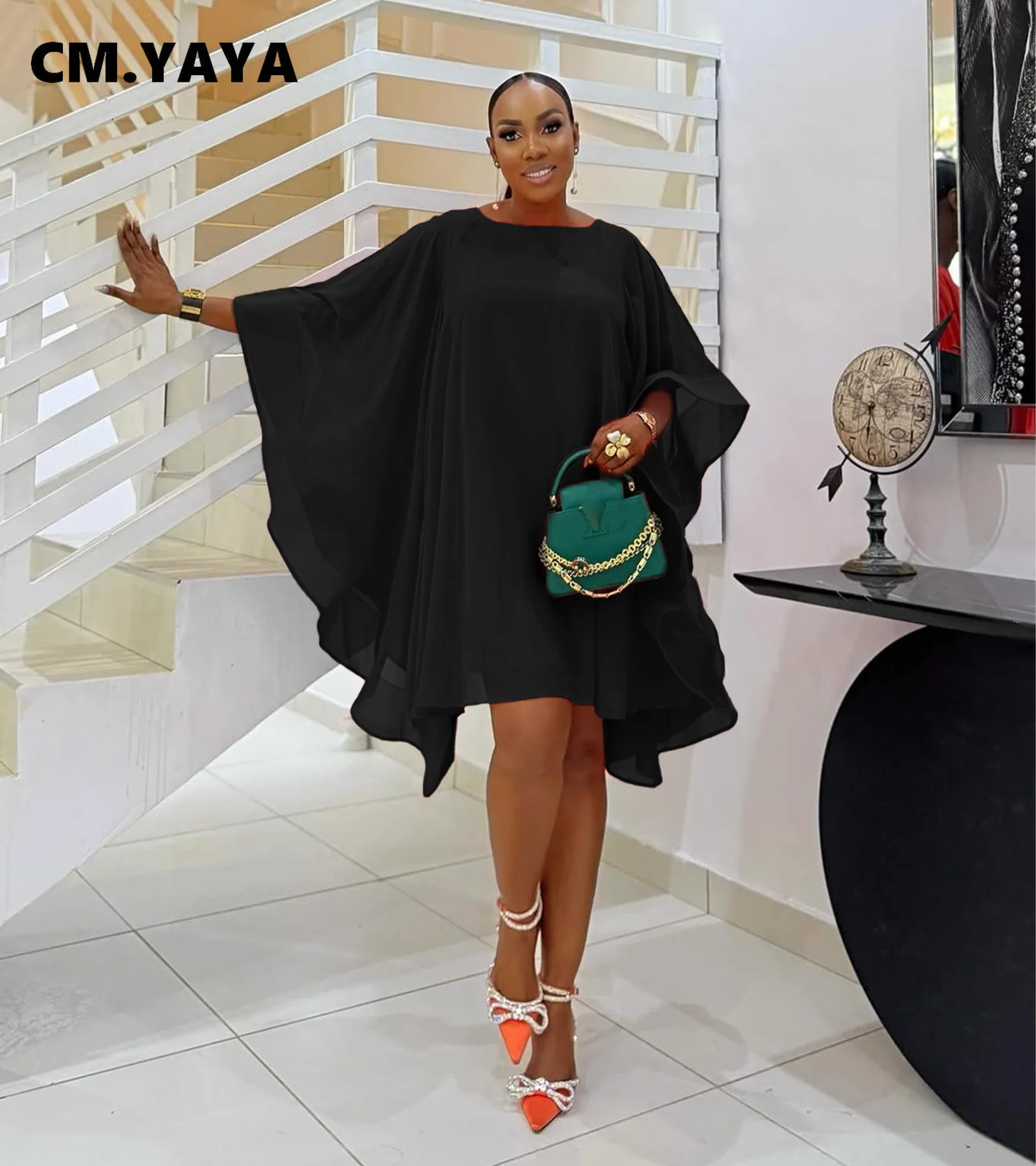 CM.YAYA Women Cloak Sleeve Slim Chiffon Dress 2025 Summer Fashion Chic Birthday Night Club Party Street Vestidos Sexy Dresses