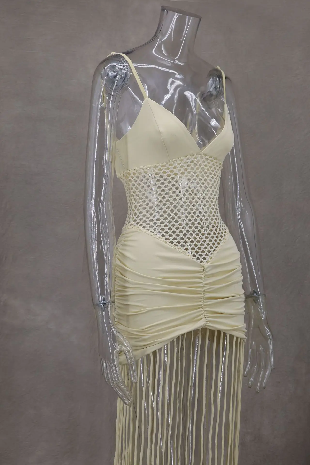 CM.YAYA Women Spaghetti Strap V-neck Sleeveless Tassel Hollow Out Midi Maxi Dress Sexy Birthday Night Party Vestidos Dresses