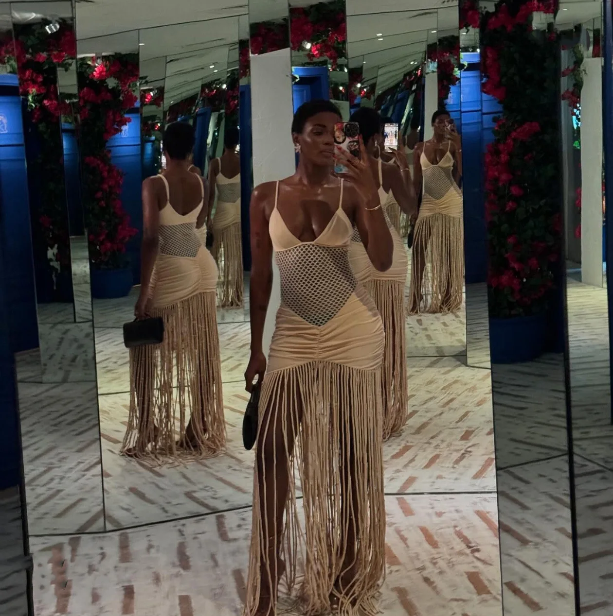 CM.YAYA Women Spaghetti Strap V-neck Sleeveless Tassel Hollow Out Midi Maxi Dress Sexy Birthday Night Party Vestidos Dresses