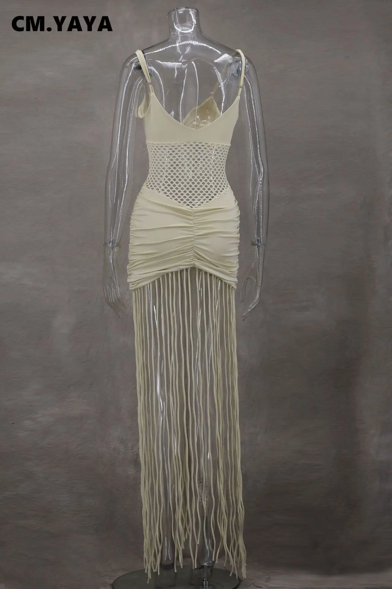 CM.YAYA Women Spaghetti Strap V-neck Sleeveless Tassel Hollow Out Midi Maxi Dress Sexy Birthday Night Party Vestidos Dresses