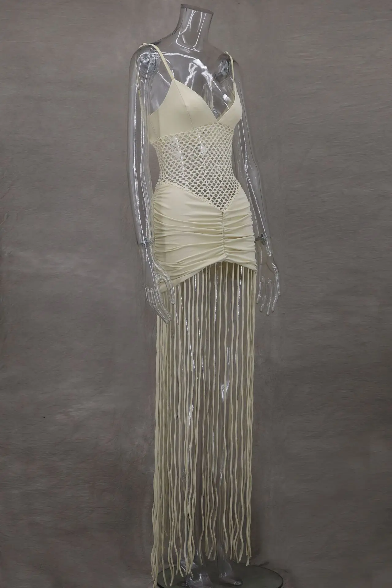 CM.YAYA Women Spaghetti Strap V-neck Sleeveless Tassel Hollow Out Midi Maxi Dress Sexy Birthday Night Party Vestidos Dresses