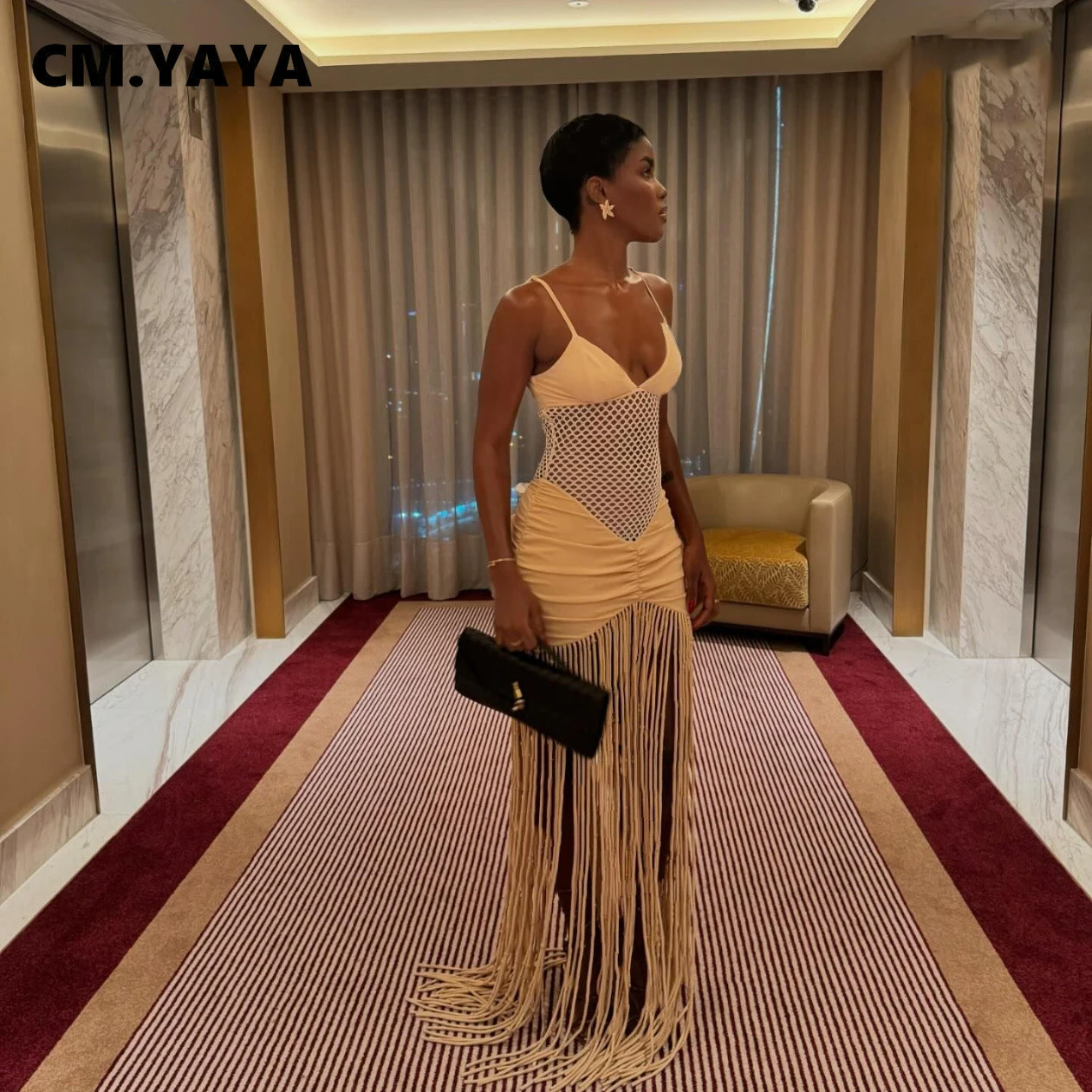 CM.YAYA Women Spaghetti Strap V-neck Sleeveless Tassel Hollow Out Midi Maxi Dress Sexy Birthday Night Party Vestidos Dresses