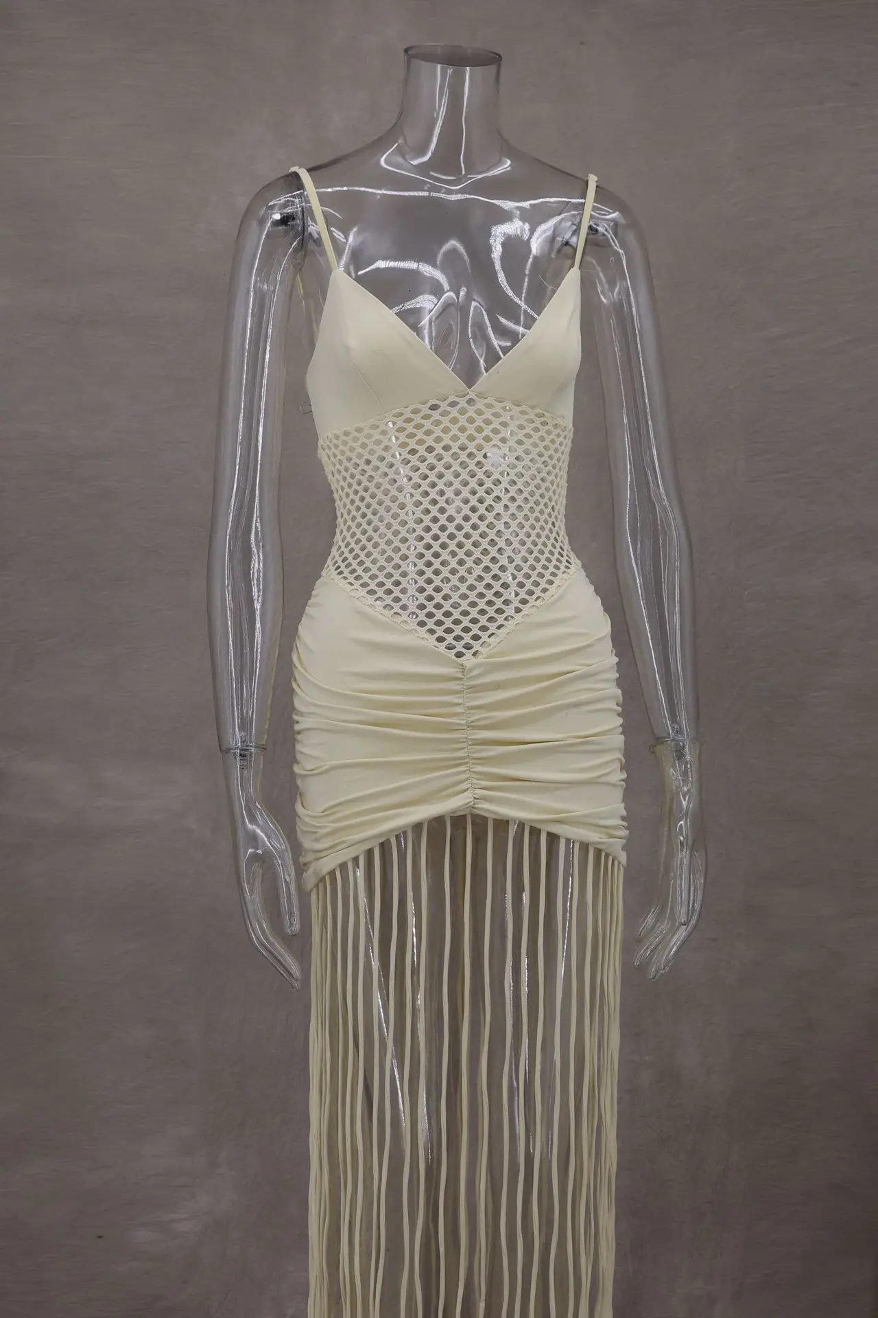 CM.YAYA Women Spaghetti Strap V-neck Sleeveless Tassel Hollow Out Midi Maxi Dress Sexy Birthday Night Party Vestidos Dresses