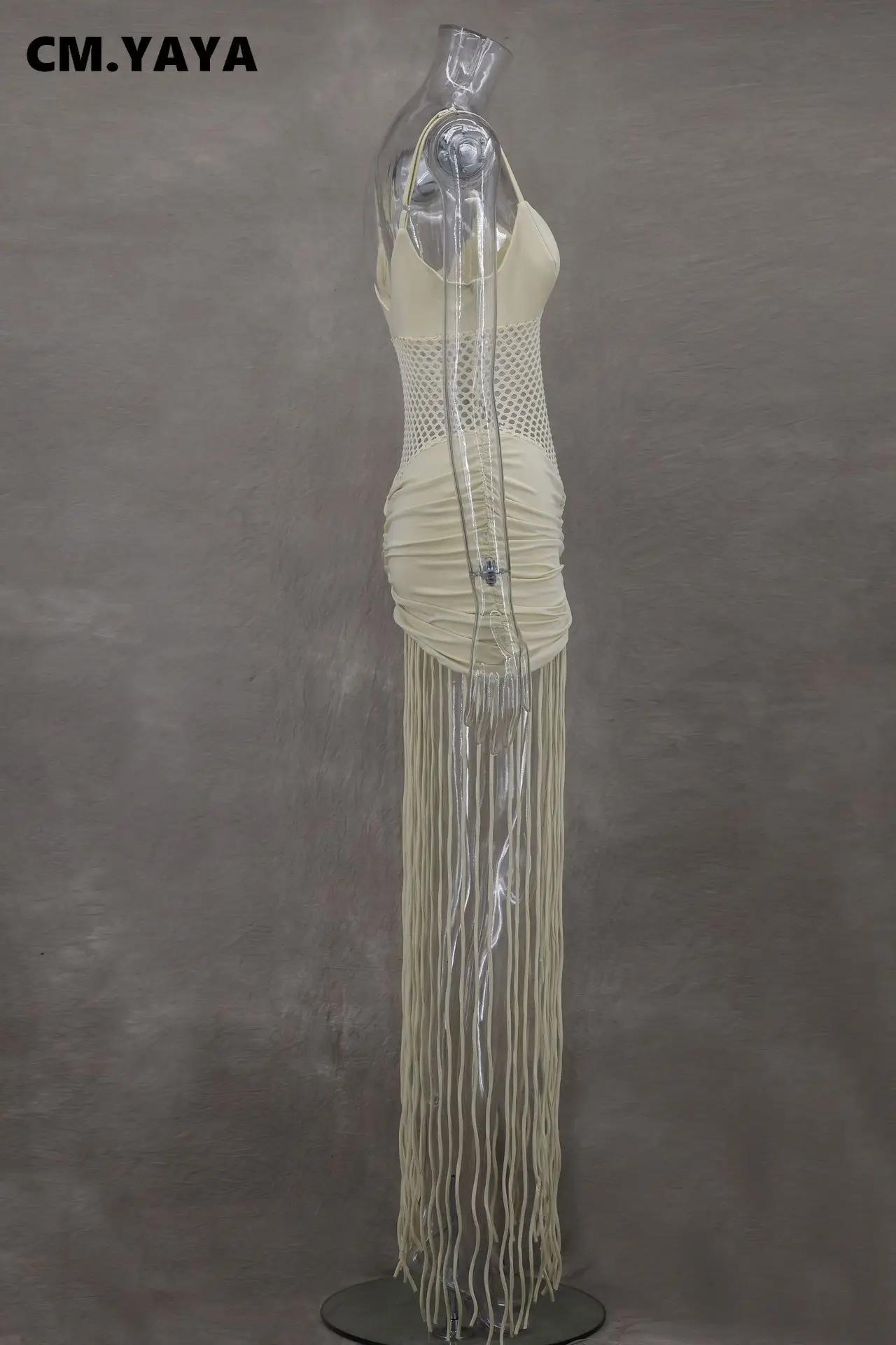 CM.YAYA Women Spaghetti Strap V-neck Sleeveless Tassel Hollow Out Midi Maxi Dress Sexy Birthday Night Party Vestidos Dresses