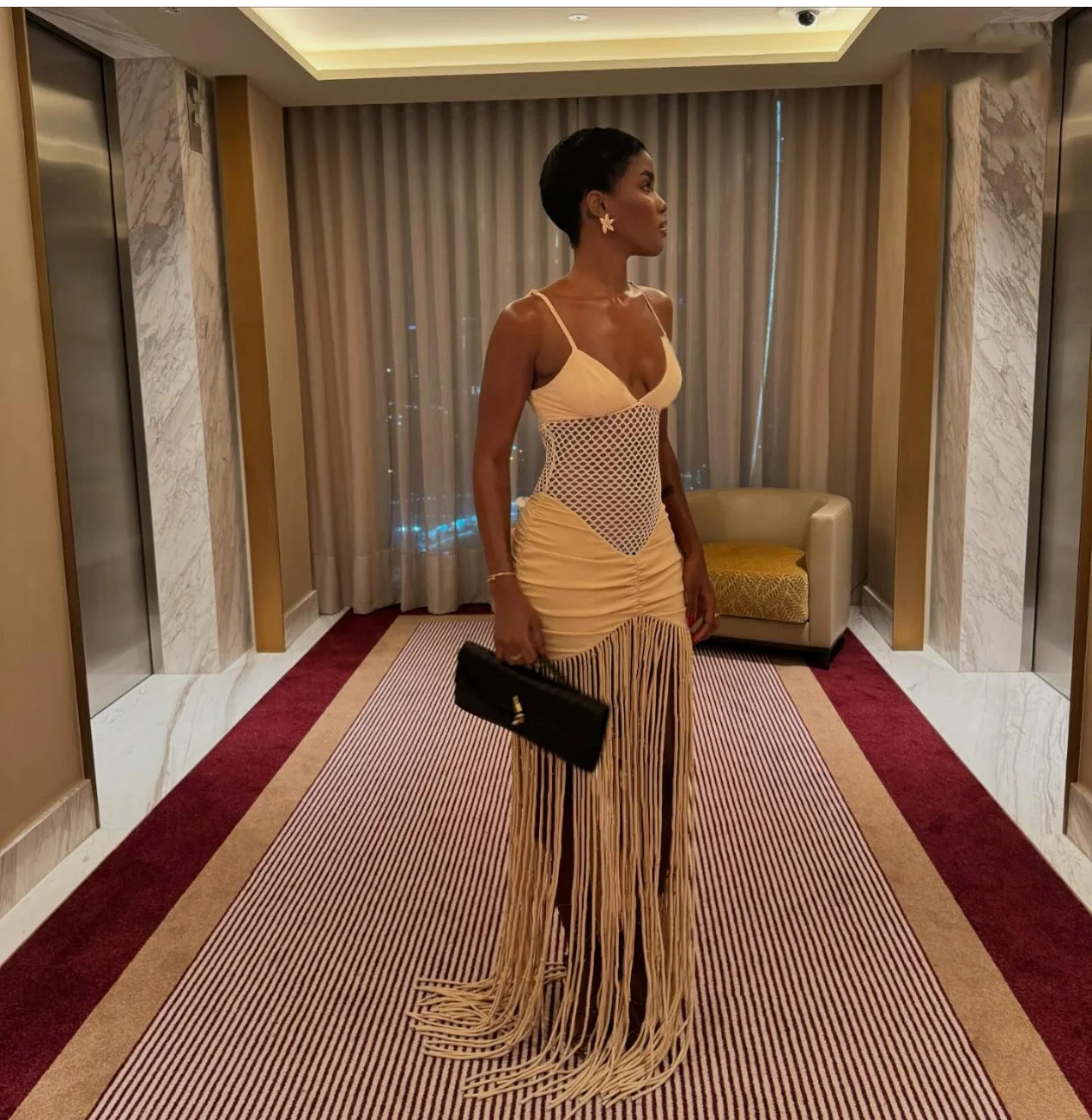 CM.YAYA Women Spaghetti Strap V-neck Sleeveless Tassel Hollow Out Midi Maxi Dress Sexy Birthday Night Party Vestidos Dresses