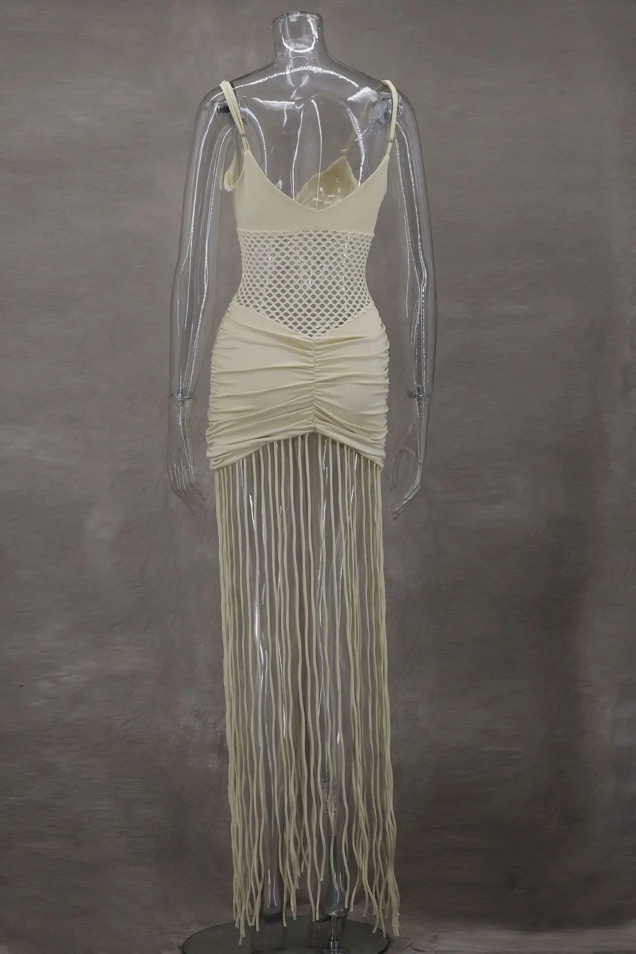 CM.YAYA Women Spaghetti Strap V-neck Sleeveless Tassel Hollow Out Midi Maxi Dress Sexy Birthday Night Party Vestidos Dresses