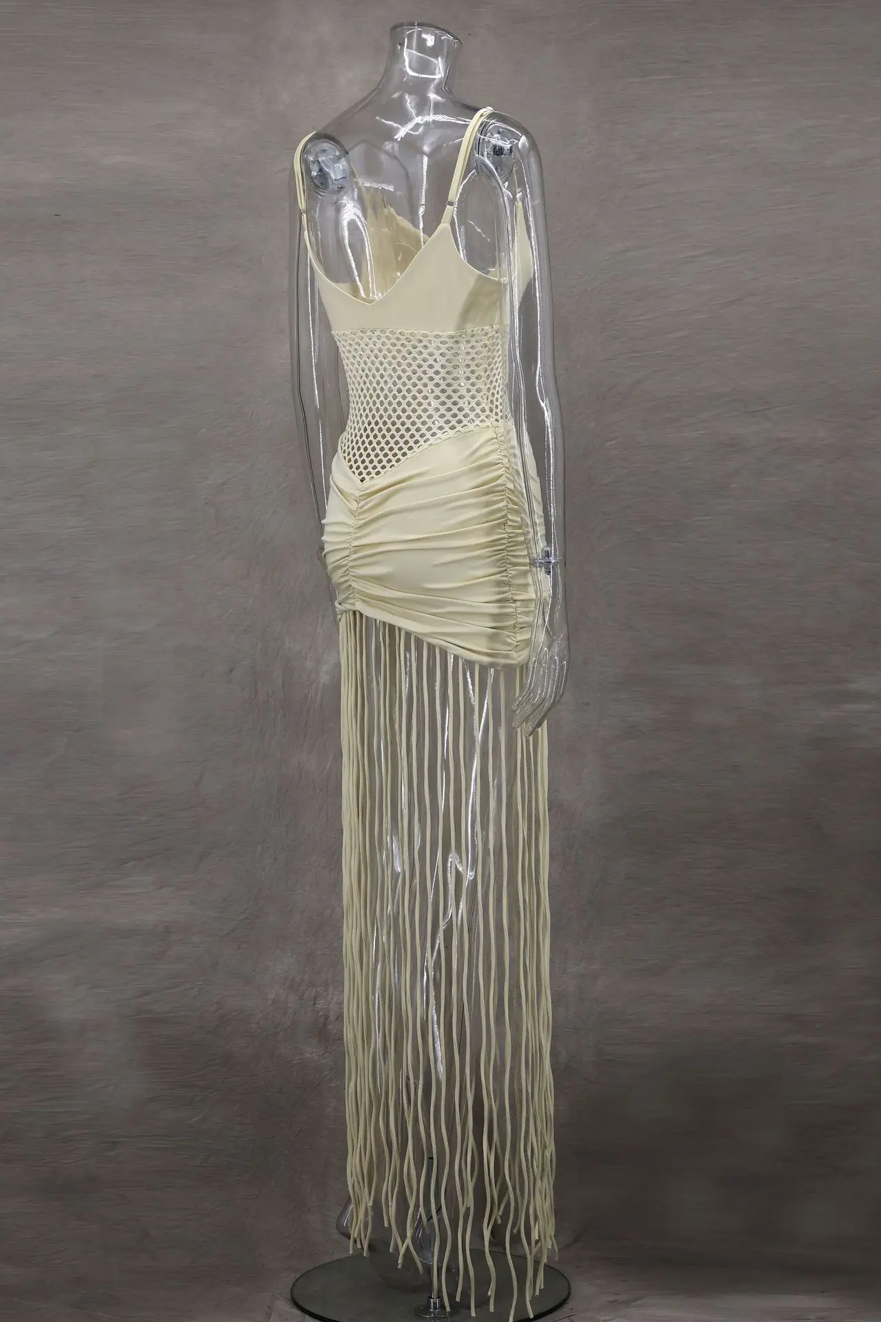 CM.YAYA Women Spaghetti Strap V-neck Sleeveless Tassel Hollow Out Midi Maxi Dress Sexy Birthday Night Party Vestidos Dresses