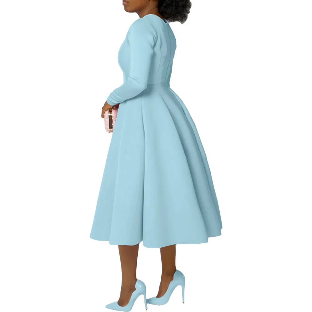 CM.YAYA Women O-neck Long Sleeve Knee Length Dress 2024 Fashion Africa Street Vestidos Sexy Party Evening Chic Big Swing Dresses