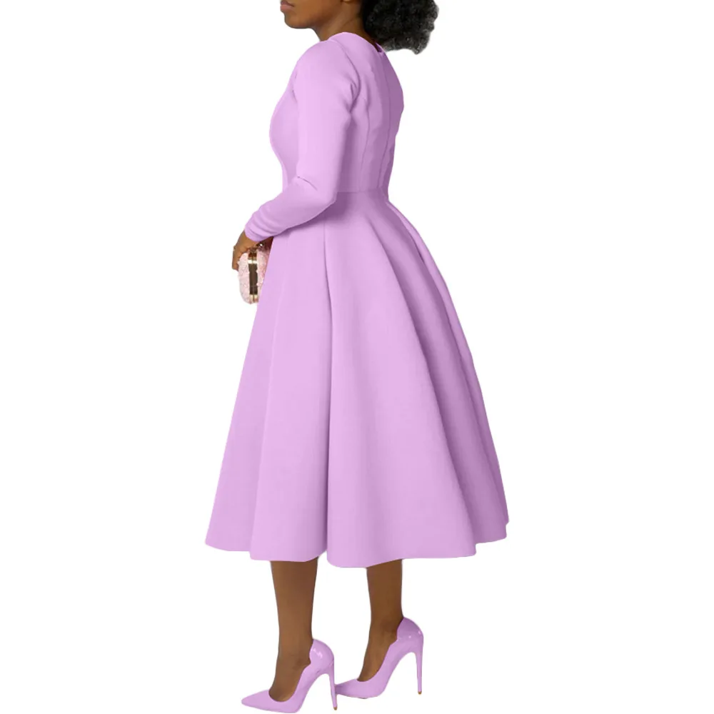 CM.YAYA Women O-neck Long Sleeve Knee Length Dress 2024 Fashion Africa Street Vestidos Sexy Party Evening Chic Big Swing Dresses