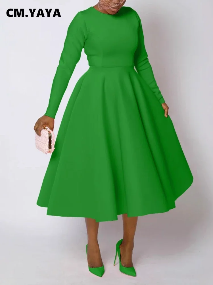 CM.YAYA Women O-neck Long Sleeve Knee Length Dress 2024 Fashion Africa Street Vestidos Sexy Party Evening Chic Big Swing Dresses