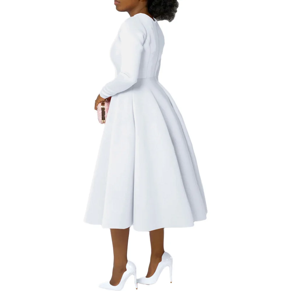 CM.YAYA Women O-neck Long Sleeve Knee Length Dress 2024 Fashion Africa Street Vestidos Sexy Party Evening Chic Big Swing Dresses