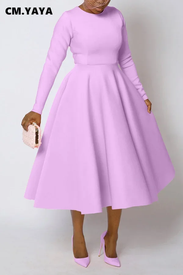 CM.YAYA Women O-neck Long Sleeve Knee Length Dress 2024 Fashion Africa Street Vestidos Sexy Party Evening Chic Big Swing Dresses