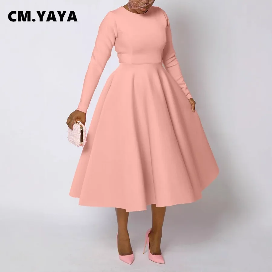 CM.YAYA Women O-neck Long Sleeve Knee Length Dress 2024 Fashion Africa Street Vestidos Sexy Party Evening Chic Big Swing Dresses