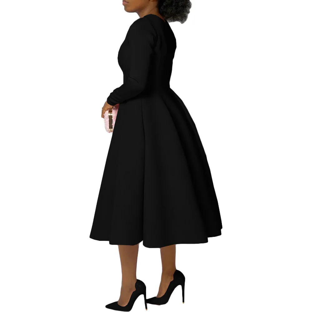 CM.YAYA Women O-neck Long Sleeve Knee Length Dress 2024 Fashion Africa Street Vestidos Sexy Party Evening Chic Big Swing Dresses