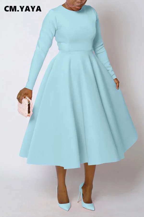 CM.YAYA Women O-neck Long Sleeve Knee Length Dress 2024 Fashion Africa Street Vestidos Sexy Party Evening Chic Big Swing Dresses