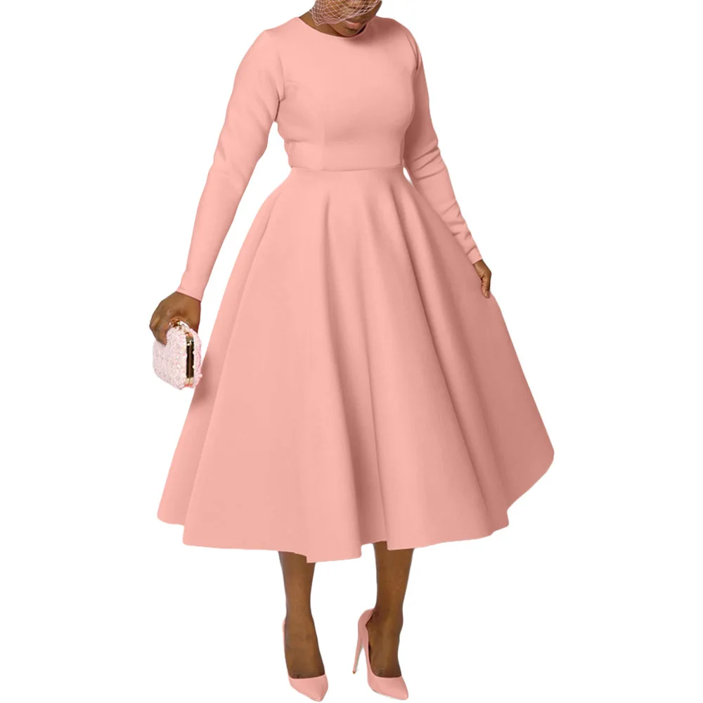 CM.YAYA Women O-neck Long Sleeve Knee Length Dress 2024 Fashion Africa Street Vestidos Sexy Party Evening Chic Big Swing Dresses