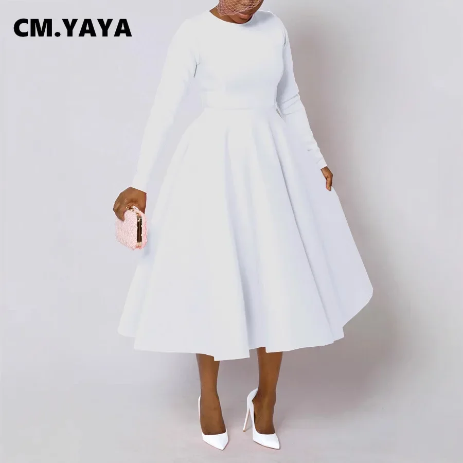 CM.YAYA Women O-neck Long Sleeve Knee Length Dress 2024 Fashion Africa Street Vestidos Sexy Party Evening Chic Big Swing Dresses