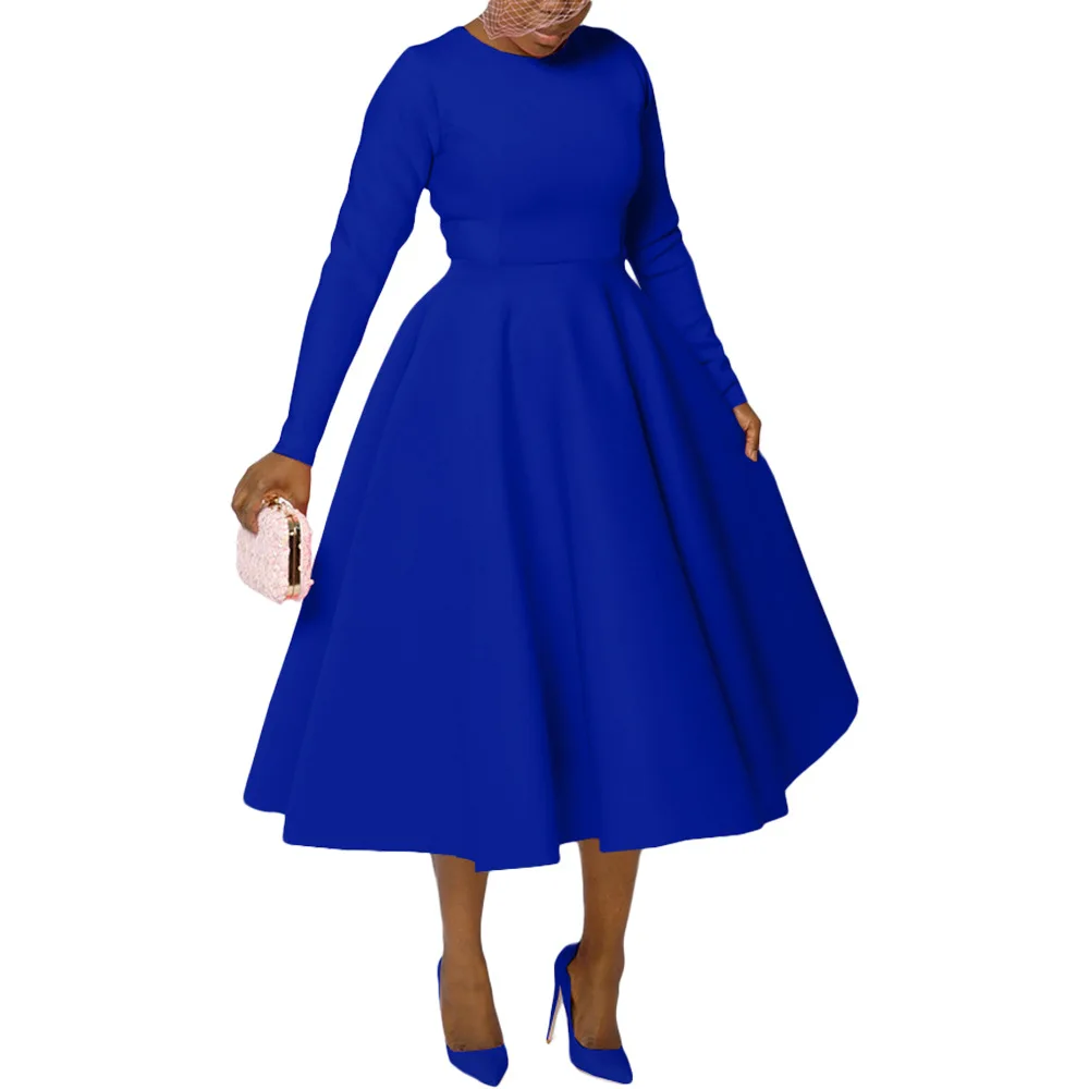 CM.YAYA Women O-neck Long Sleeve Knee Length Dress 2024 Fashion Africa Street Vestidos Sexy Party Evening Chic Big Swing Dresses