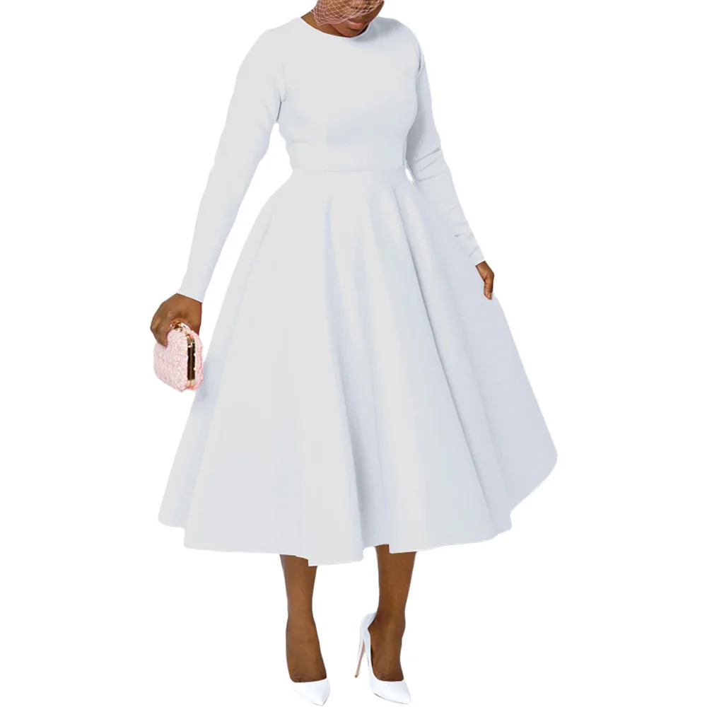 CM.YAYA Women O-neck Long Sleeve Knee Length Dress 2024 Fashion Africa Street Vestidos Sexy Party Evening Chic Big Swing Dresses