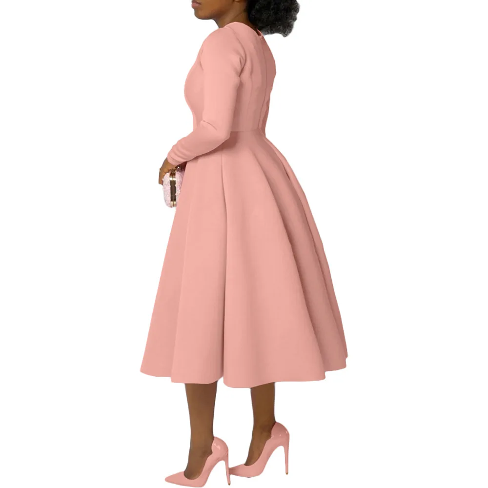 CM.YAYA Women O-neck Long Sleeve Knee Length Dress 2024 Fashion Africa Street Vestidos Sexy Party Evening Chic Big Swing Dresses
