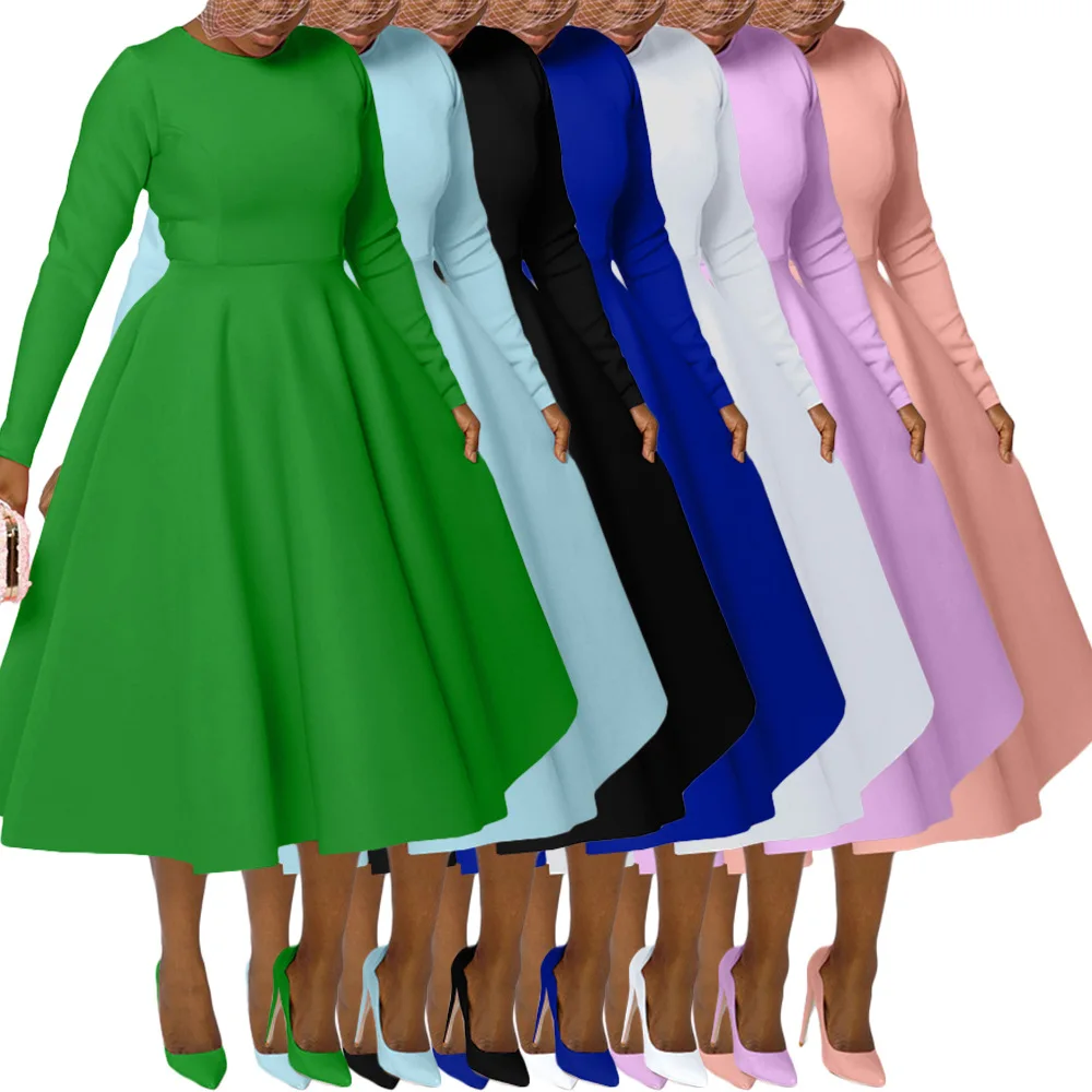 CM.YAYA Women O-neck Long Sleeve Knee Length Dress 2024 Fashion Africa Street Vestidos Sexy Party Evening Chic Big Swing Dresses