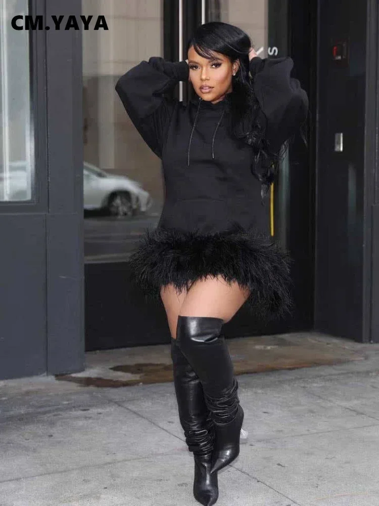 CM.YAYA Women Hooded Long Sleeve Fur Hem Sweathirt Style Midi Dress 2023 Winter Fashion Streetwar Mini Black Dresses Vestidos CM.YAYA Women Hooded Long Sleeve Fur Hem Sweathirt Style Midi Dress 2023 Winter Fashion Streetwar Mini Black Dresses Vestidos