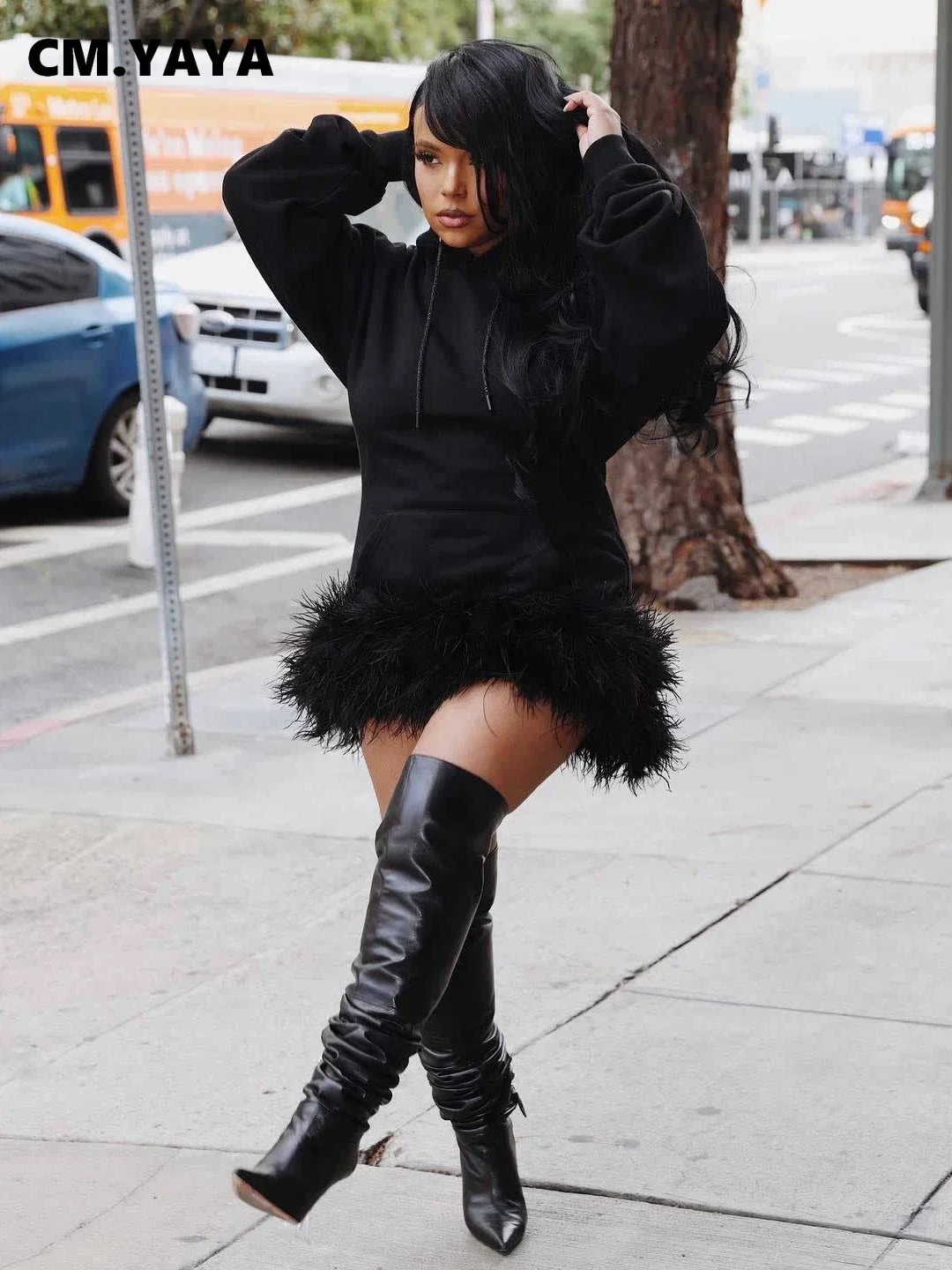 CM.YAYA Women Hooded Long Sleeve Fur Hem Sweathirt Style Midi Dress 2023 Winter Fashion Streetwar Mini Black Dresses Vestidos CM.YAYA Women Hooded Long Sleeve Fur Hem Sweathirt Style Midi Dress 2023 Winter Fashion Streetwar Mini Black Dresses Vestidos