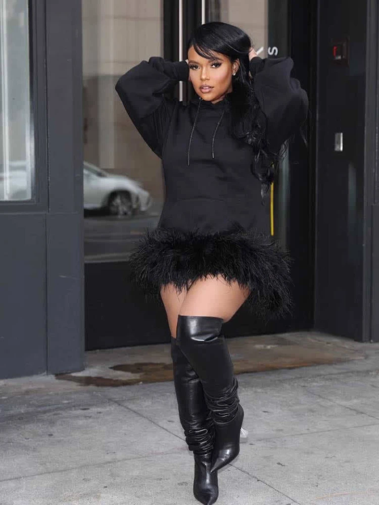 CM.YAYA Women Hooded Long Sleeve Fur Hem Sweathirt Style Midi Dress 2023 Winter Fashion Streetwar Mini Black Dresses Vestidos CM.YAYA Women Hooded Long Sleeve Fur Hem Sweathirt Style Midi Dress 2023 Winter Fashion Streetwar Mini Black Dresses Vestidos