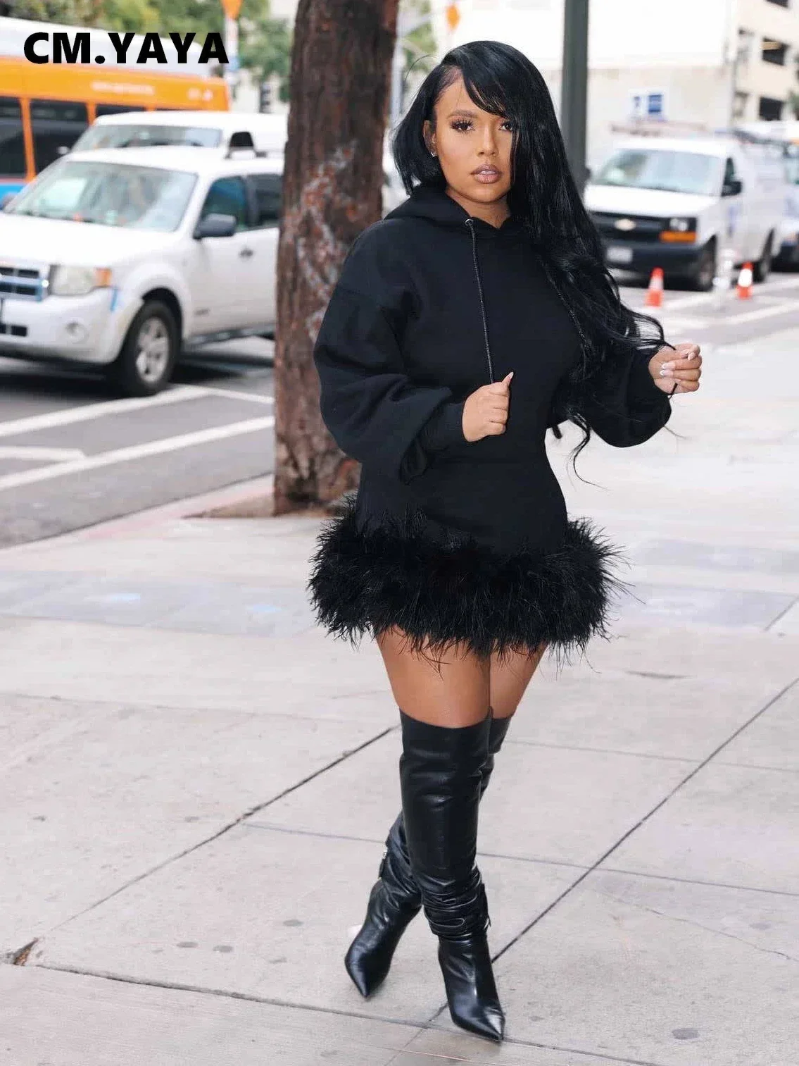 CM.YAYA Women Hooded Long Sleeve Fur Hem Sweathirt Style Midi Dress 2023 Winter Fashion Streetwar Mini Black Dresses Vestidos CM.YAYA Women Hooded Long Sleeve Fur Hem Sweathirt Style Midi Dress 2023 Winter Fashion Streetwar Mini Black Dresses Vestidos