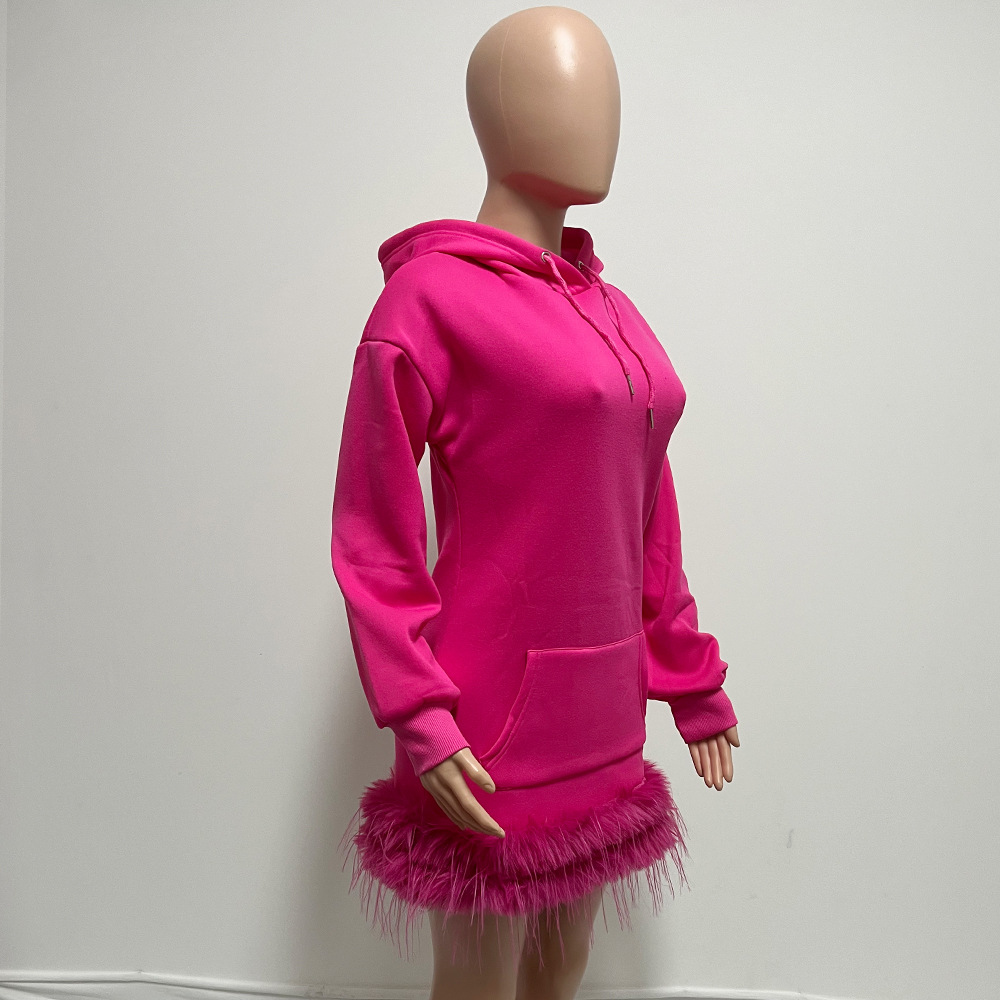 CM.YAYA Women Hooded Long Sleeve Fur Hem Sweathirt Style Midi Dress 2023 Winter Fashion Streetwar Mini Black Dresses Vestidos CM.YAYA Women Hooded Long Sleeve Fur Hem Sweathirt Style Midi Dress 2023 Winter Fashion Streetwar Mini Black Dresses Vestidos