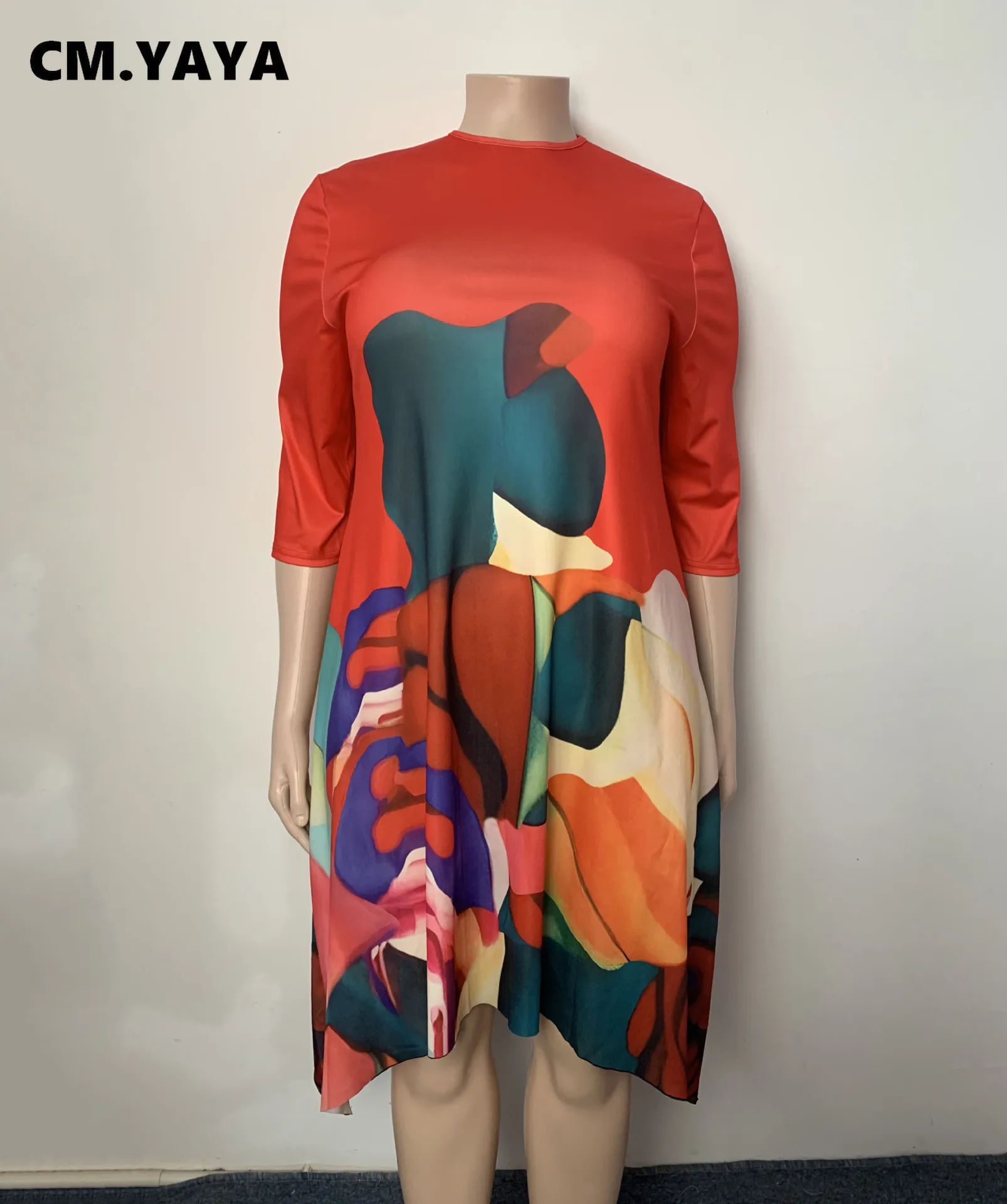 CM.YAYA 2024 Summer Women Short Sleeve Midi Dress Plus Size Irregular Floral Print Streetwear Night Club Africa Casual Dresses