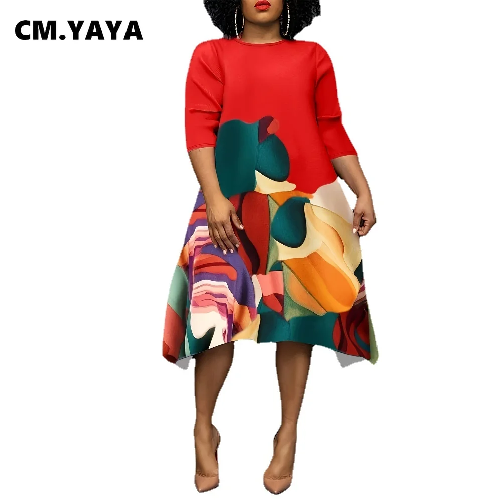 CM.YAYA 2024 Summer Women Short Sleeve Midi Dress Plus Size Irregular Floral Print Streetwear Night Club Africa Casual Dresses