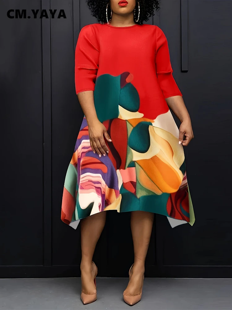 CM.YAYA 2024 Summer Women Short Sleeve Midi Dress Plus Size Irregular Floral Print Streetwear Night Club Africa Casual Dresses
