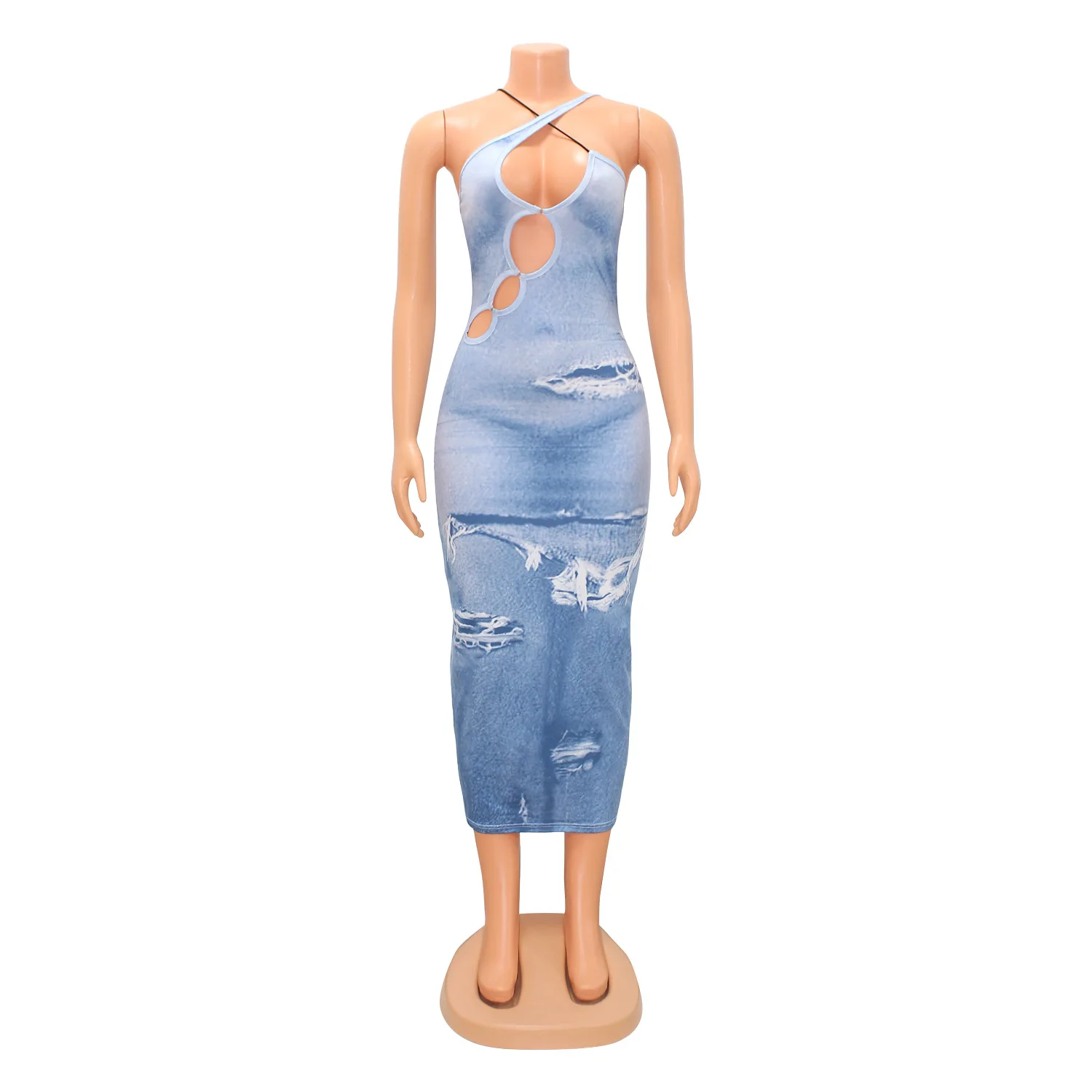 CM.YAYA 2024 Summer Sleeveless Halter Fake Denim Print Women Dress Hollow Out Night Club Party Street Long Maxi Dresses Vestidos CM.YAYA 2024 Summer Sleeveless Halter Fake Denim Print Women Dress Hollow Out Night Club Party Street Long Maxi Dresses Vestidos